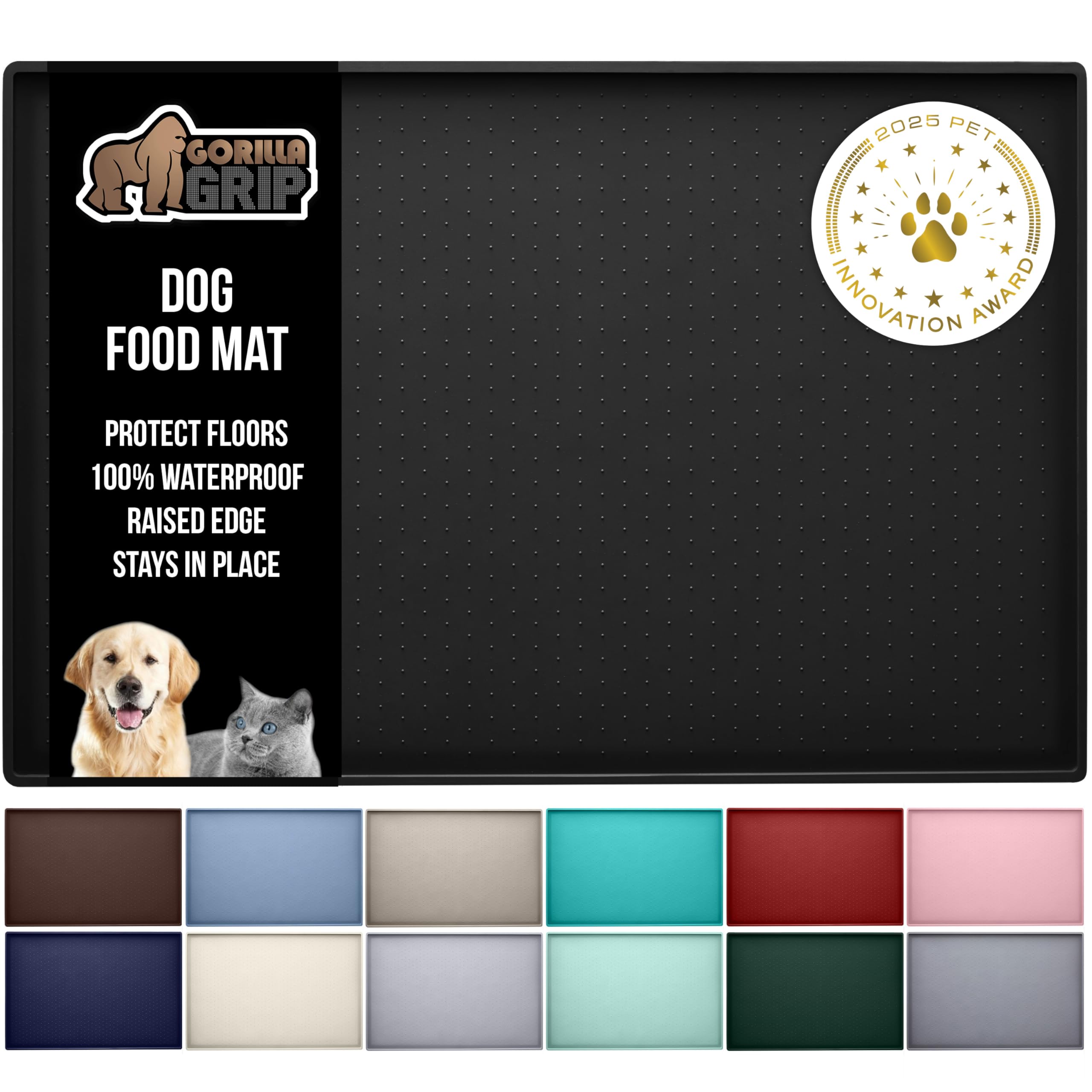 Gorilla Grip Silicone Pet Feeding Mat, Easy Clean, 18.5x11.5 Dishwasher Safe, Waterproof, Raised Edges, Pets Placemat Tray Mats to Stop Dog and Cat Food Spills and Water Bowl Messes on Floor, Black