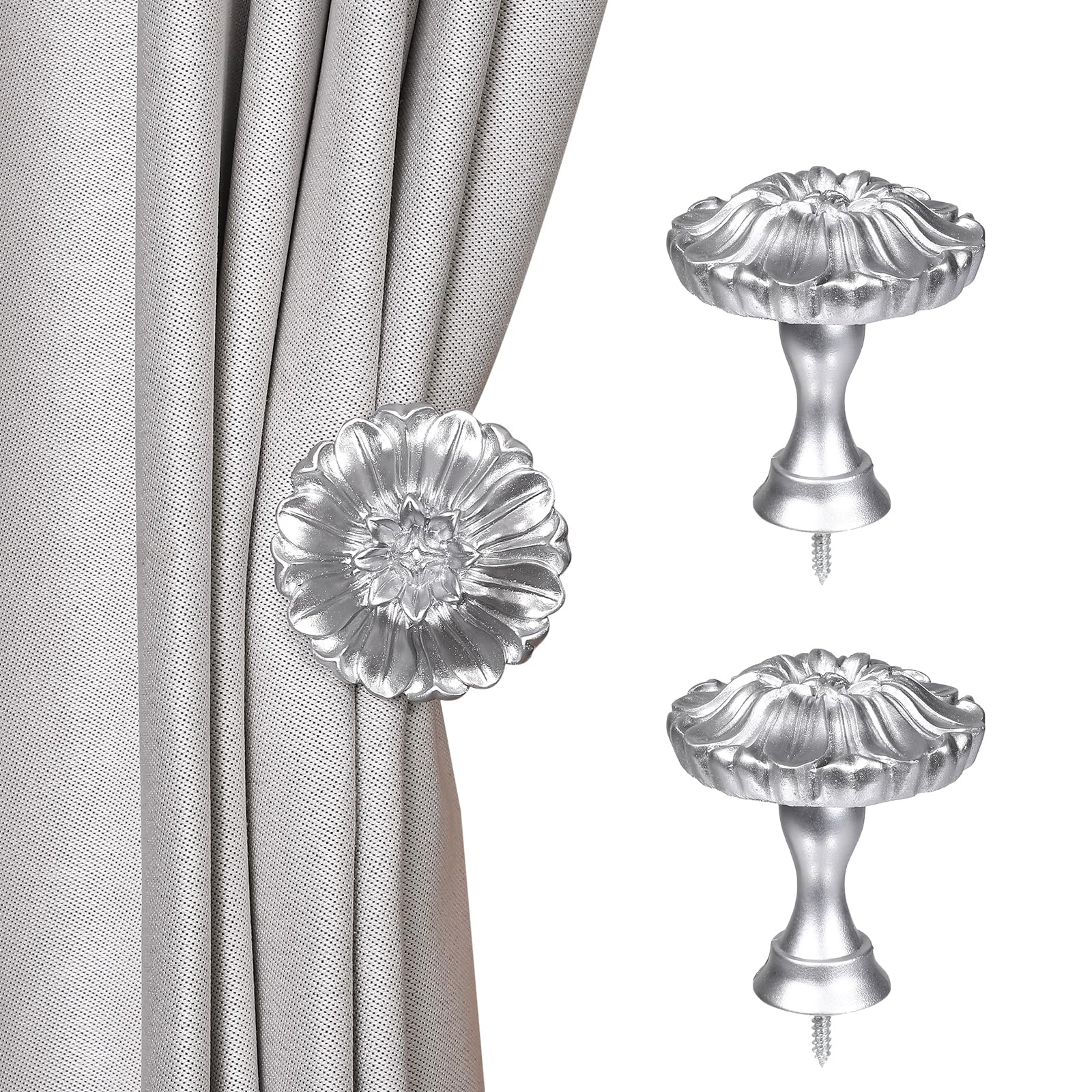 SUQ I OME Set of 2 Blossom Window Drapery Medallion Holdbacks,Curtain Tiebacks, Wall Hook, Tassel Holder (Silver)