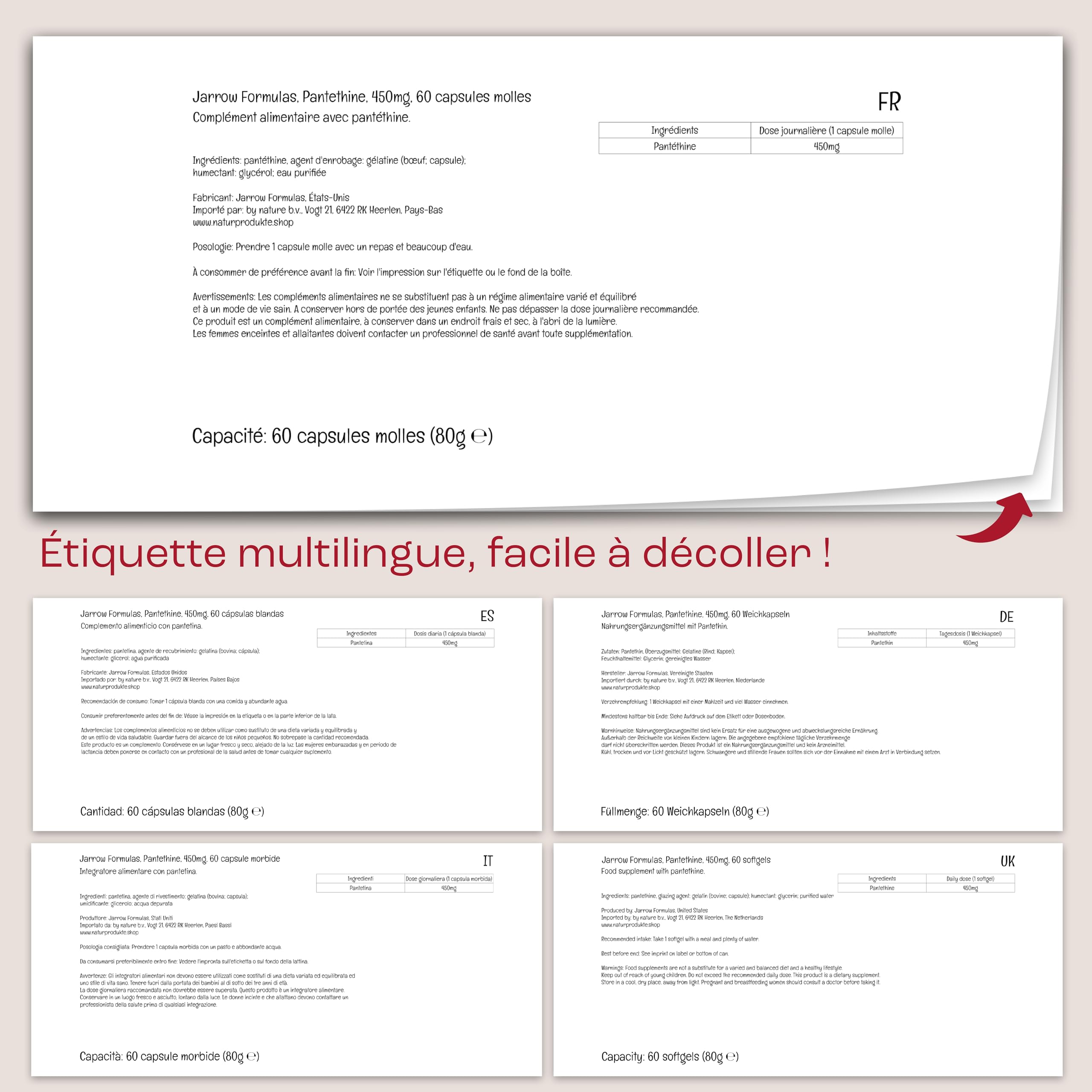 Jarrow Formulas, Pantethine, 450mg, Vitamine B5 Active, 60 Capsules molles, Testé en Laboratoire, Sans Gluten, Sans Soja, Sans OGM