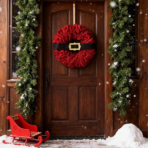 Glitzhome Corona de tela roja de Navidad de 18 pulgadas de profundidad, coronas artificiales de Navidad, decoración para festividades, festivales,