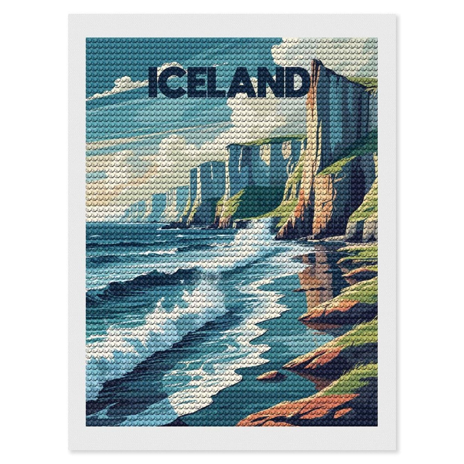 Junmoney Iceland Coastal Landscape Illustration DIY Diamond Art Canvas Kit 12"x16", Christmas Gift, for Family Craft Time, Leisure Activity, Home Wall Art