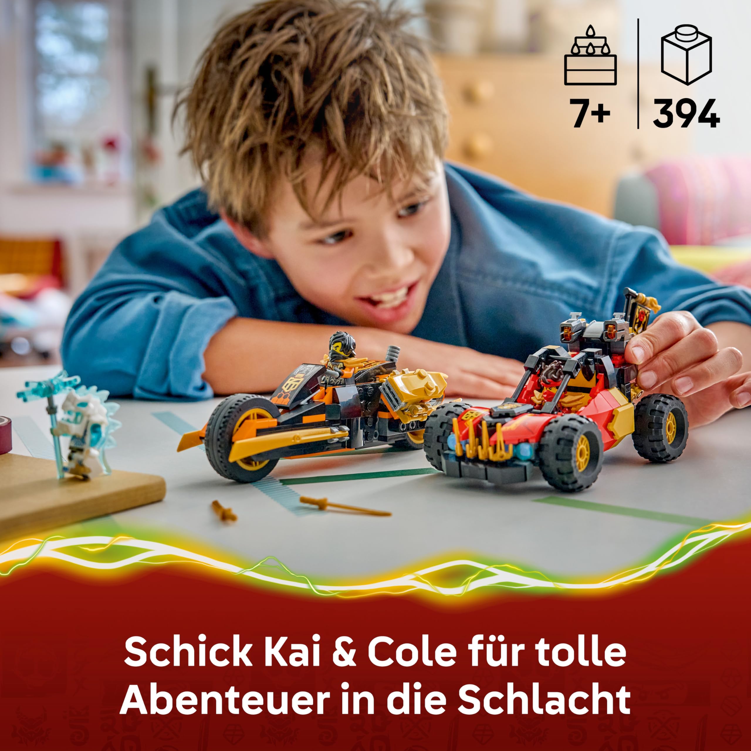LEGO NINJAGO Kais und Coles Kombi-Flitzer - Ninja Spielzeug mit Auto, Motorrad, 3 Minifiguren inkl. Kai & Cole mit Katanas - Geschenkidee für Jungen ab 7 Jahren und Dragons Rising Fans - 71864