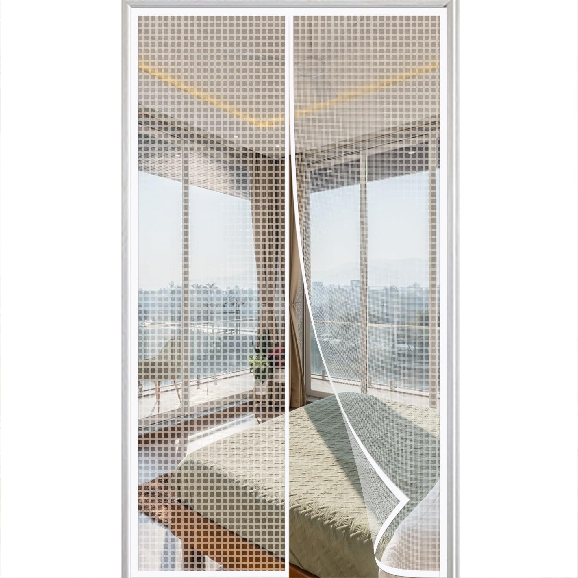 Screen Doors with Magnets 155x195cm Fly Insect Screen Door Heavy Duty Door Snap Shut Automatically Insect with Powerful Magnets Frame Hook & Loop White