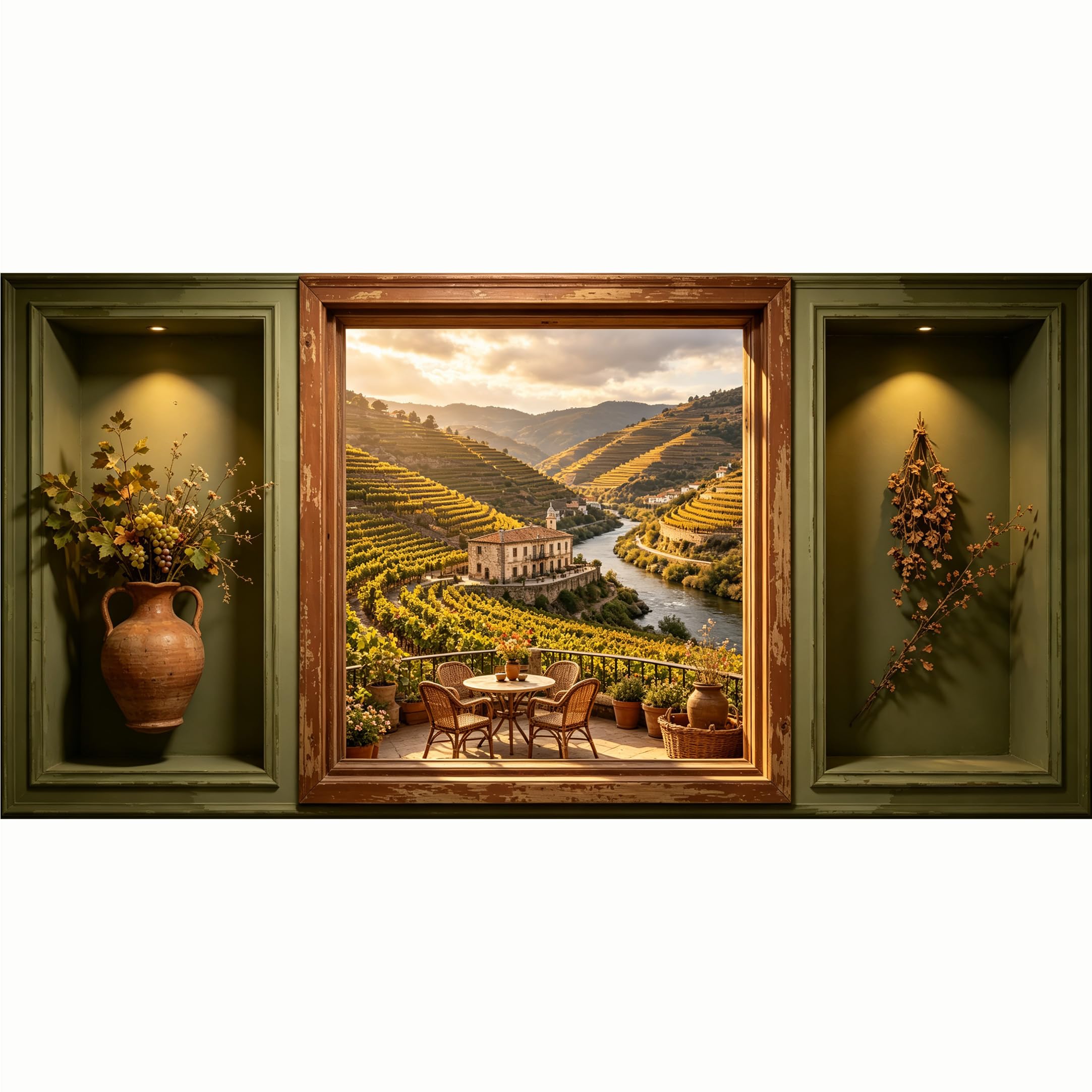 QZLITHOTIC 50x100cm 3D Framed Wall Art， Tuscany Vineyard Landscape Self‑Adhesive Mural， Water‑Activated Peel & Stick Fabric Decor Wall Decal for Bedroom Living Room