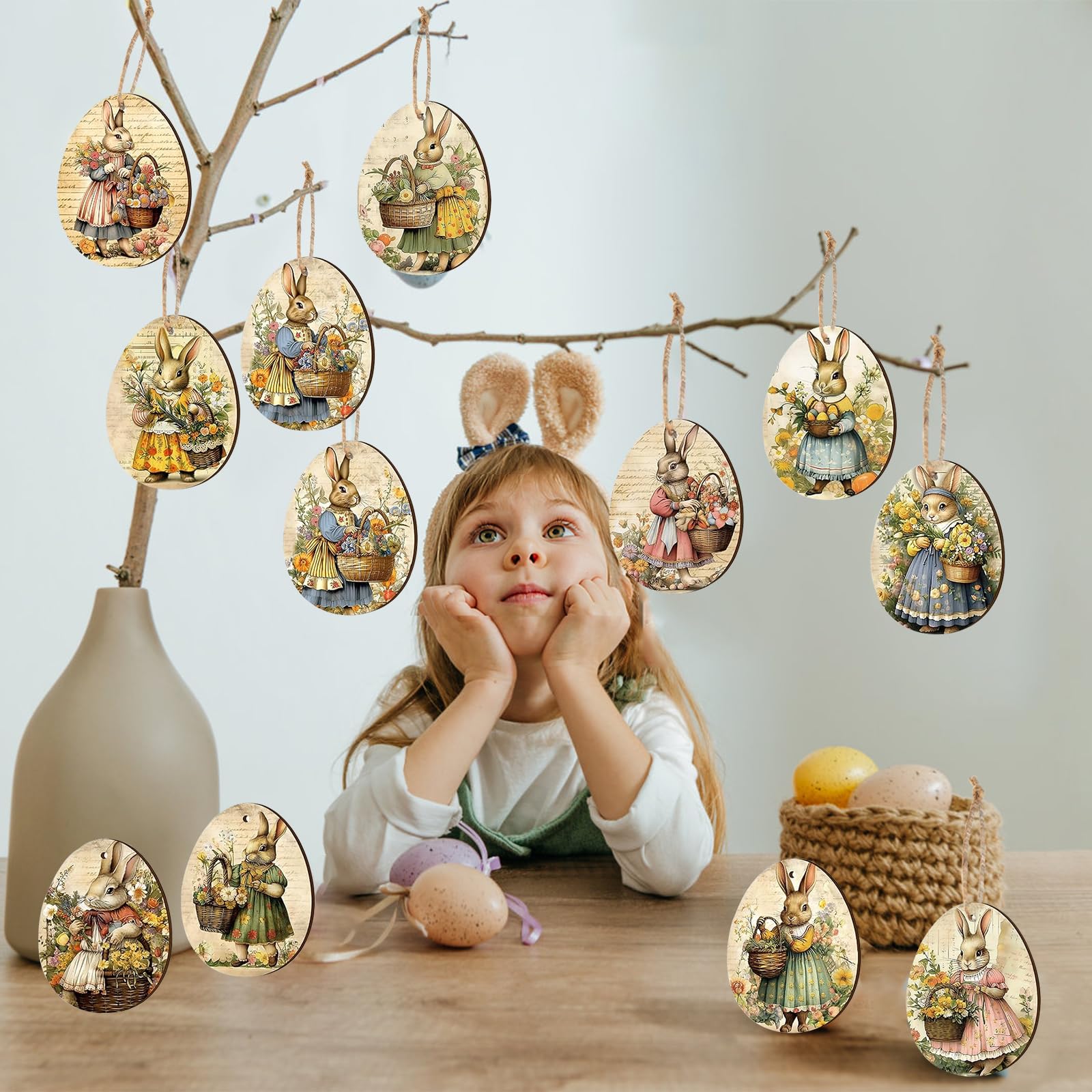 36 Pezzi Decorazioni Coniglietto Pasquale In Legno - Ciondoli Per Pasqua Con Cordino - Foto 12