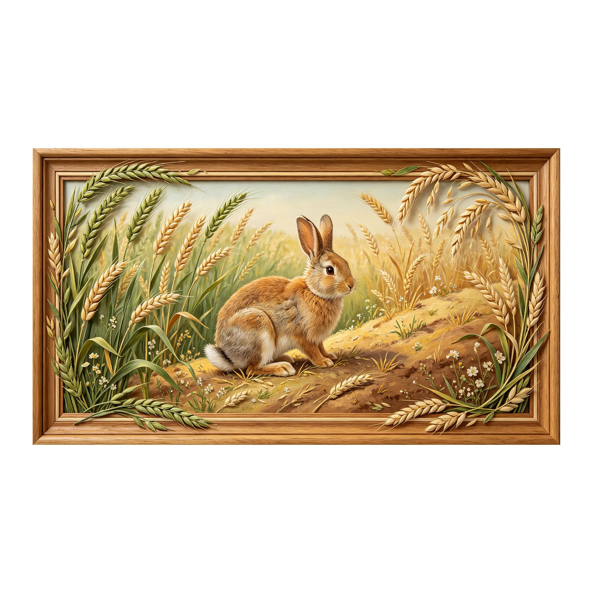 Yzpallescene 3D 3D Framed Wall Art 50cm×90cm Wheat Field Rabbit Pastoral Oil Painting Large Size SelfAdhesive Removable Wall Decor Prints Artwork for Living Room Bedroom Office
