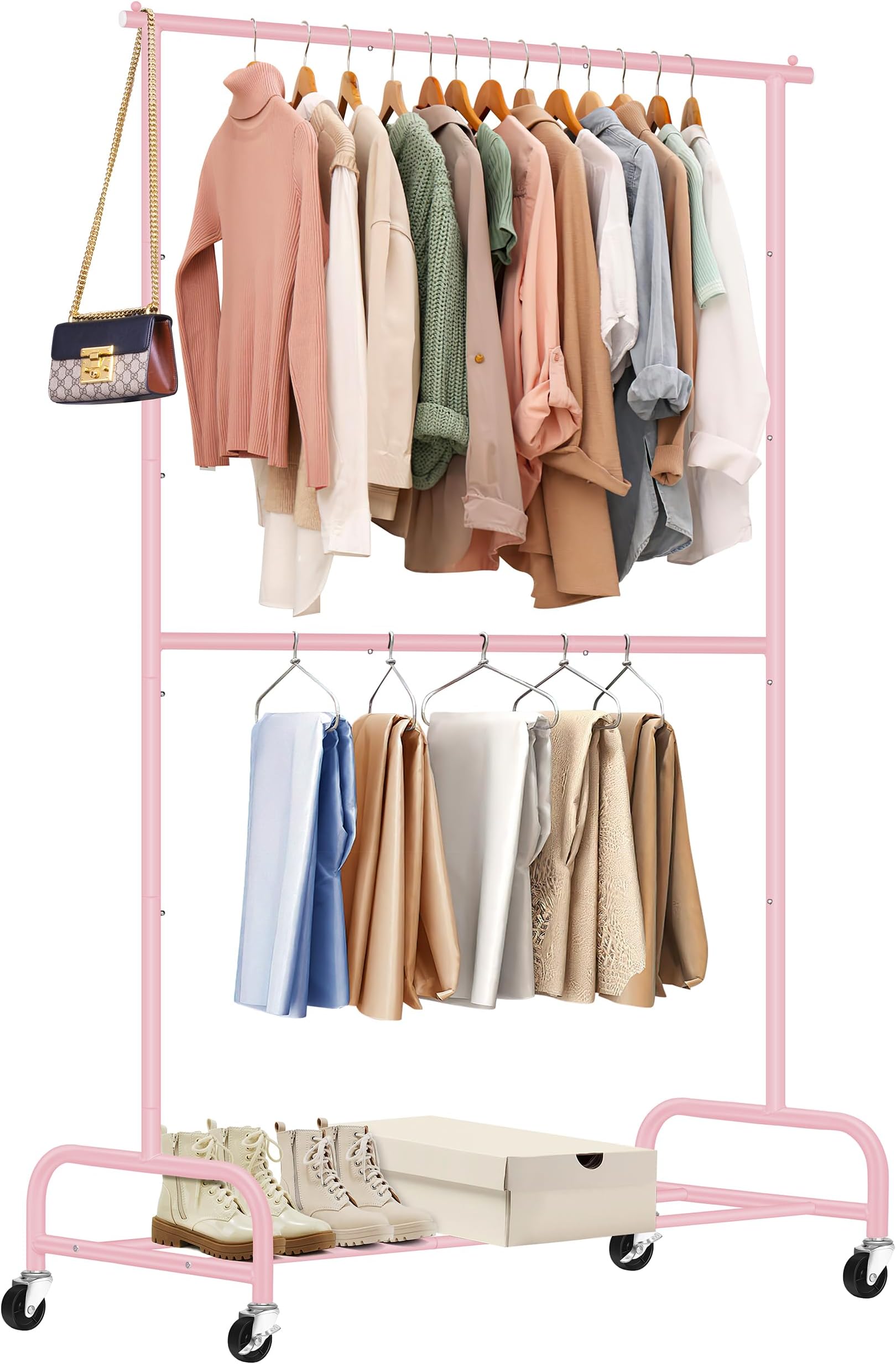 SLEEPING LAMB Double Rod Heavy Duty Clothes Racks for Hanging Clothing, Metal Rolling Garment Rack With Wheels Clothes Hanger Rack Wardrobe Racking for Coats, Shirts (Pink)
