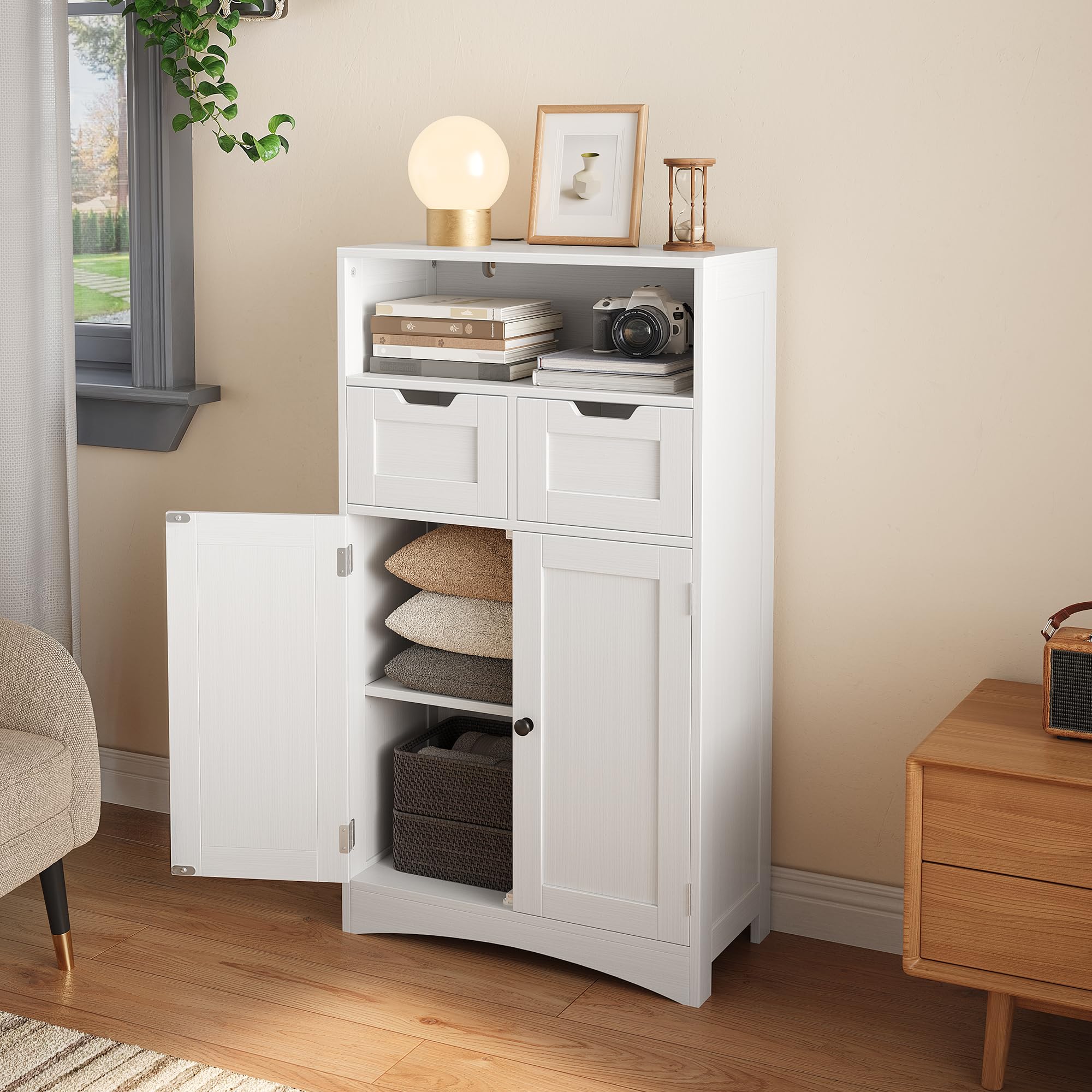 Bealife Badezimmerschrank mit 2 Schubladen, verstellbares Regal, multifunktional, für Badezimmer, Schlafzimmer, Flur (weiß, 60 x 30 x 108 cm) (weiß)
