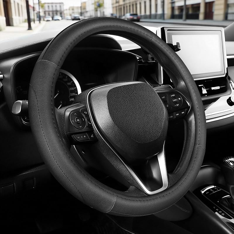 SEG Direct Car Steering Wheel Cover for Prius Civic Model 3 / Y 14"-14.25" | Small Size 35.5-36 cm for Camaro, Microfiber Leather, Anti-Slip Comfortable Grip, Auto Interior Accessories, Black