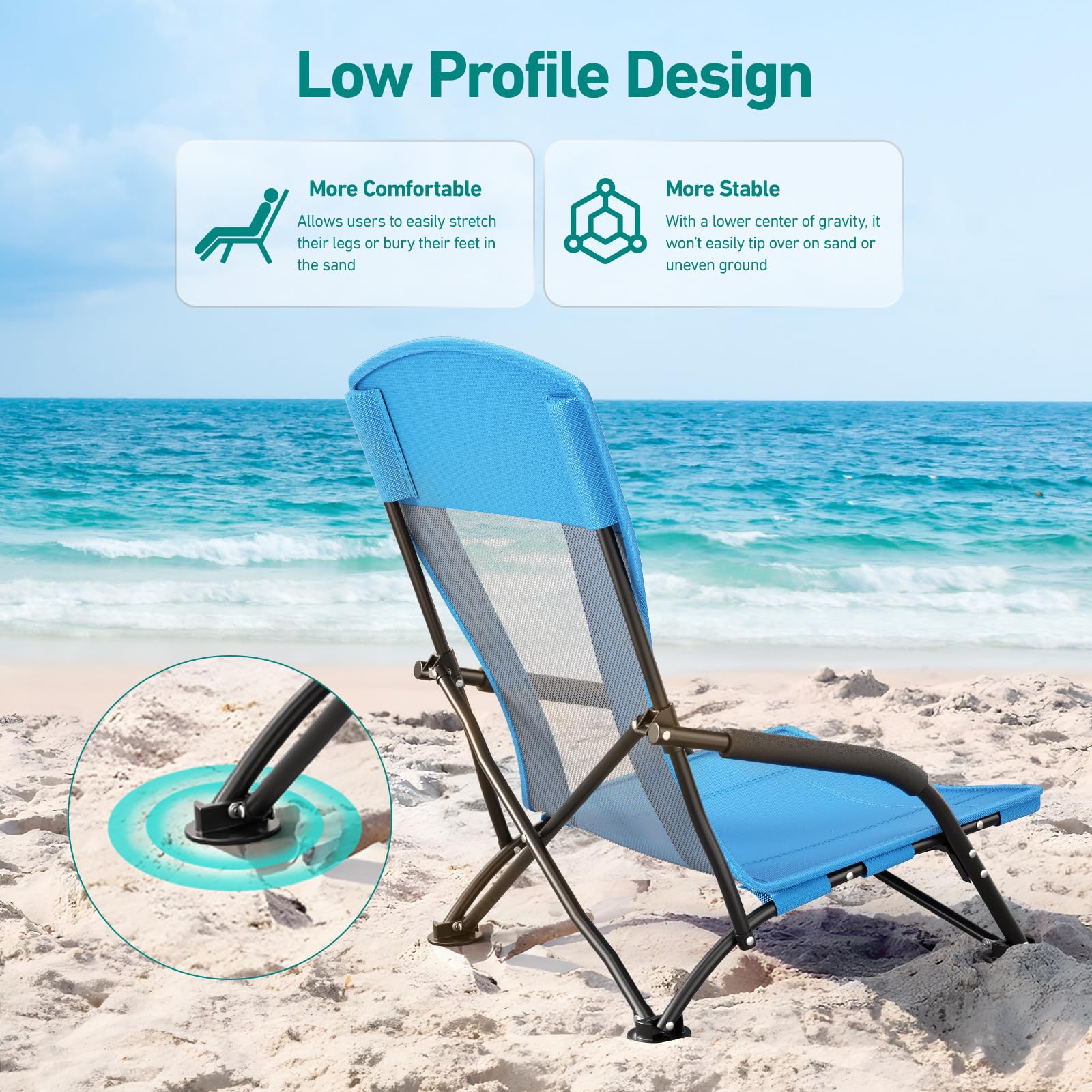 WildFun Strandstuhl Klappbar, Leicht Campingstuhl Faltbar mit Niedrigen Stuhlbeinen Atmungsaktiver Netzstoffrückenlehne und Tragetasche, Trägt bis 100kg für Strand See Garten Wandern (2Pcs, Blau)