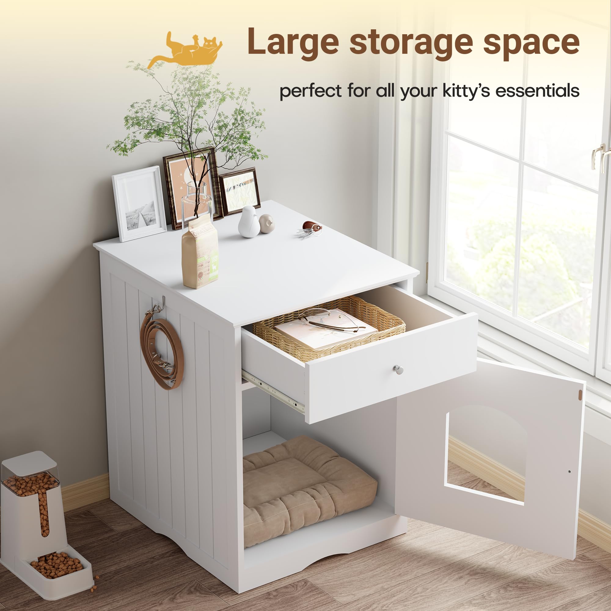Litter Box Enclosure, Hidden Cat Litter Box Cabinet with Drawer, Wooden Pet Crate, Litter Box Furniture as Cat House, End Table, Fit Most of Litter Box (White) - image 8