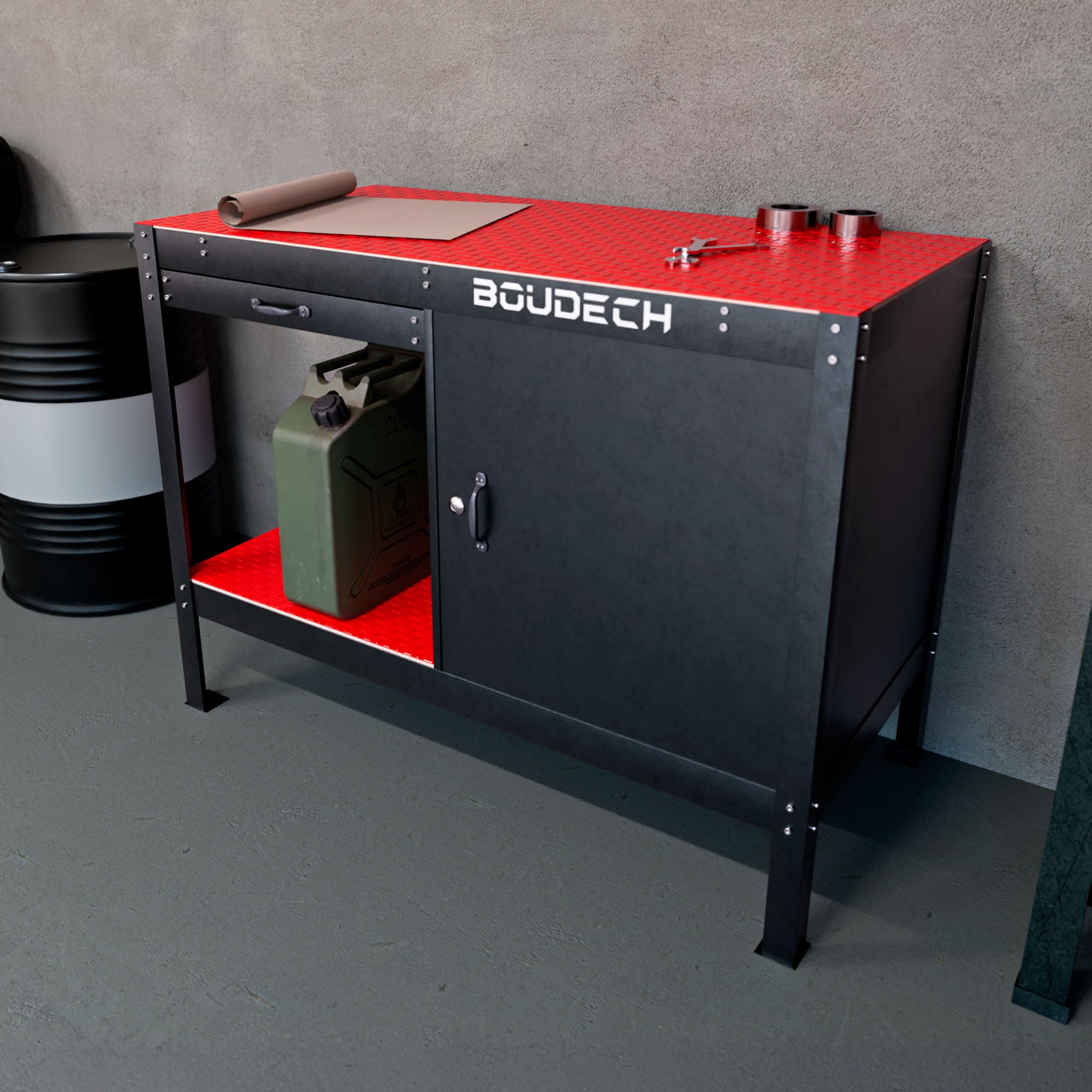BOUDECH® MANNY - Banco da Lavoro 120x60 cm con Cassetto Porta Utensili 1 Anta e 1 Ripiano Aperto in Metallo Nero