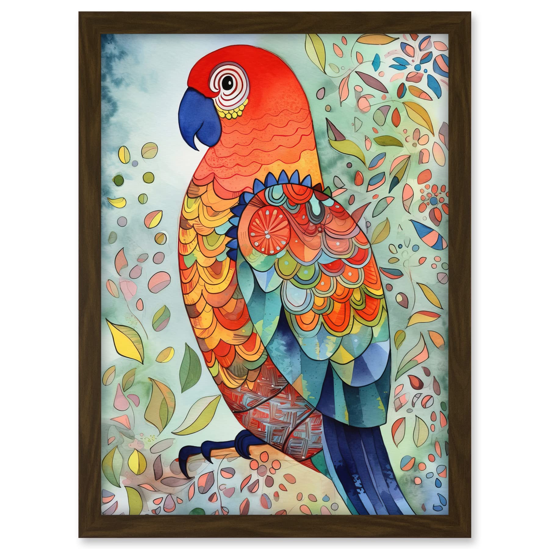 Artery8 Parrot Bird Portrait Folk Art Watercolour Painting Artwork Framed A3 Wall Art Print