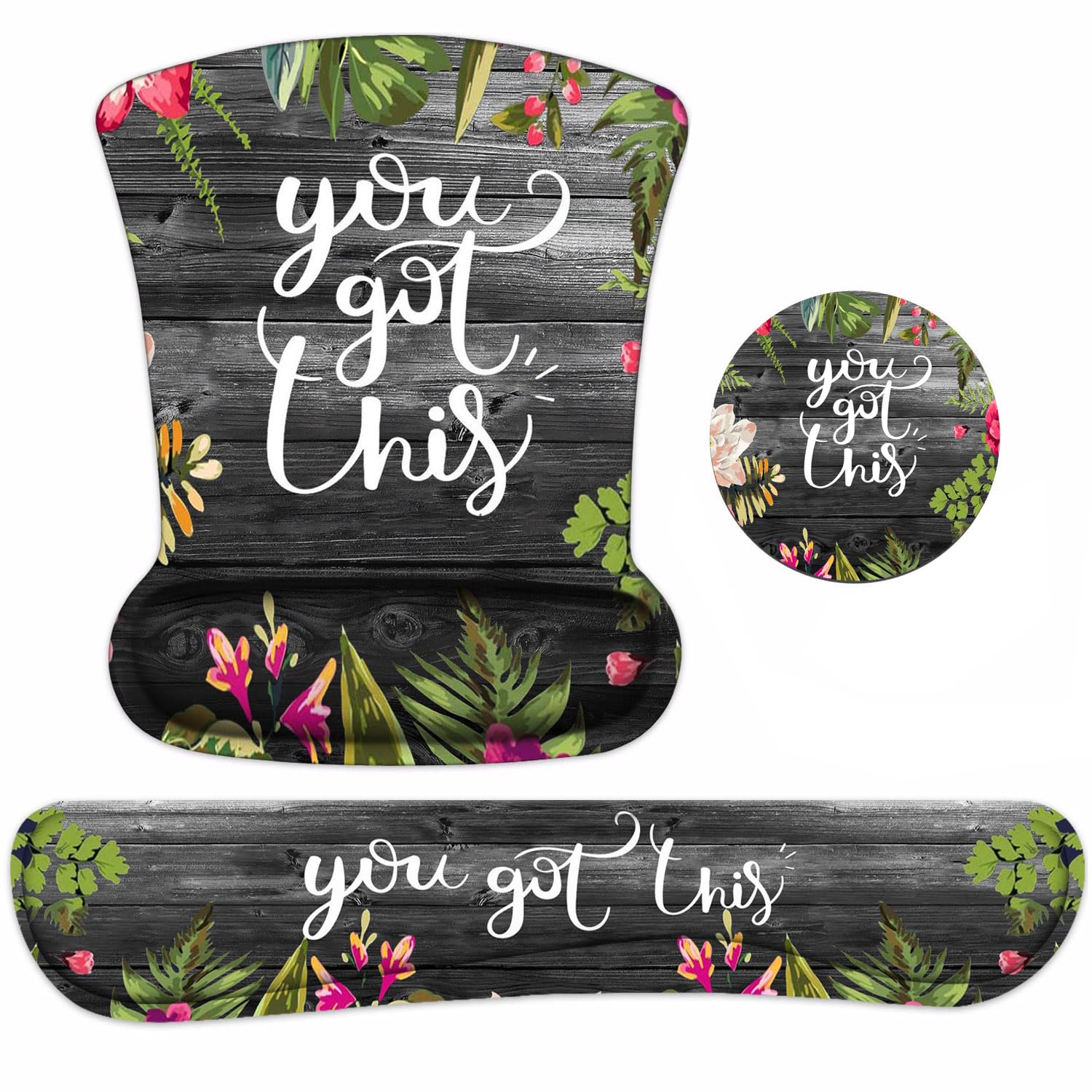 Keyboard and Mouse Wrist Rest Support Set With Coasters - You Got This Inspirational Quote Pad With Non-Slip PU Base for Home Office Working Studying