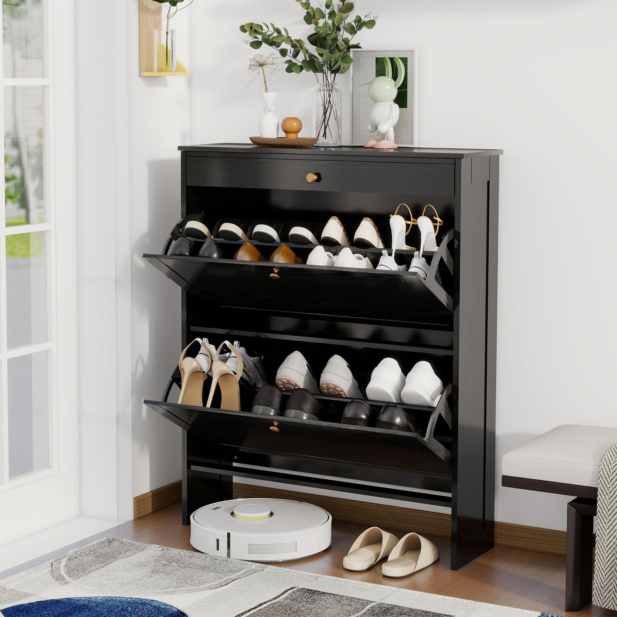 Amazon.com: FTZxHKLX Black Narrow Shoe Storage Cabinet with 2 Flip