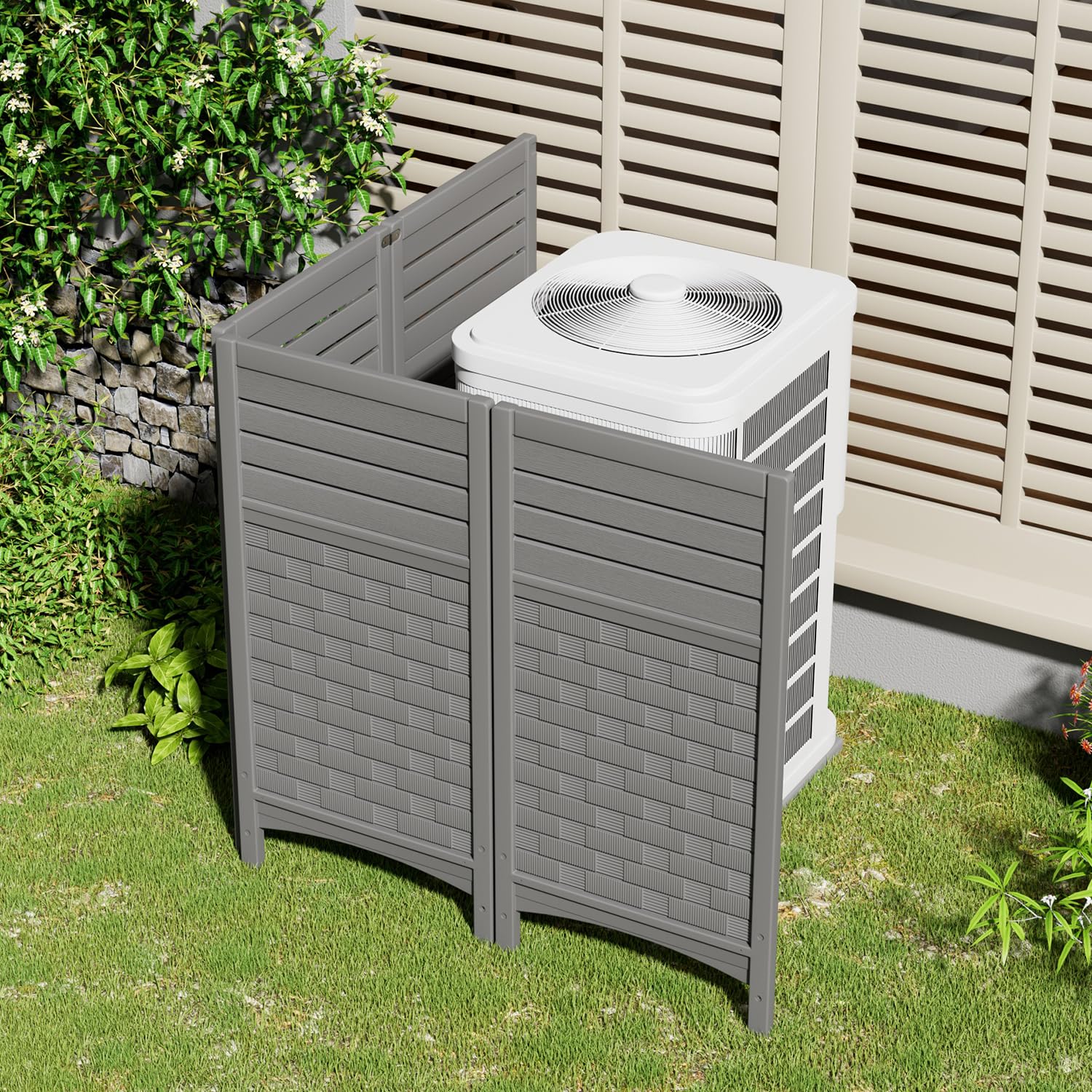 Condition photo showing New/Like New for air conditioner fence privacy screen,4 panels pool equipment trash can enclosure screen for outdoor,resin fence panels kit,45" (h) x 22" (w) per panel, grey