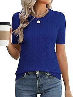 Womens Short Sleeve Cable Knit Sweater Tops Crewneck Lightweight Spring Summer Shirts Business Dressy Casual Outfits