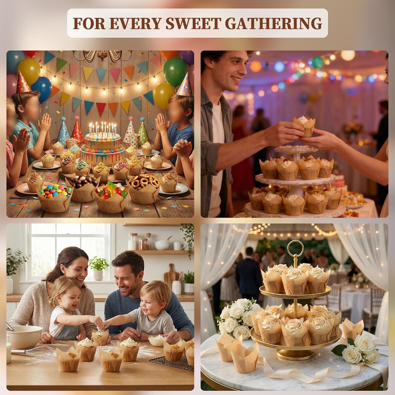 KORCCI 200pcs Tulip Cupcake Liners,Greaseproof & Sturdy Muffin Liners, Unbleached Parchment Baking Cups, Easy Release Natural Cupcake Wrappers for Baking, Party, Wedding & Christmas