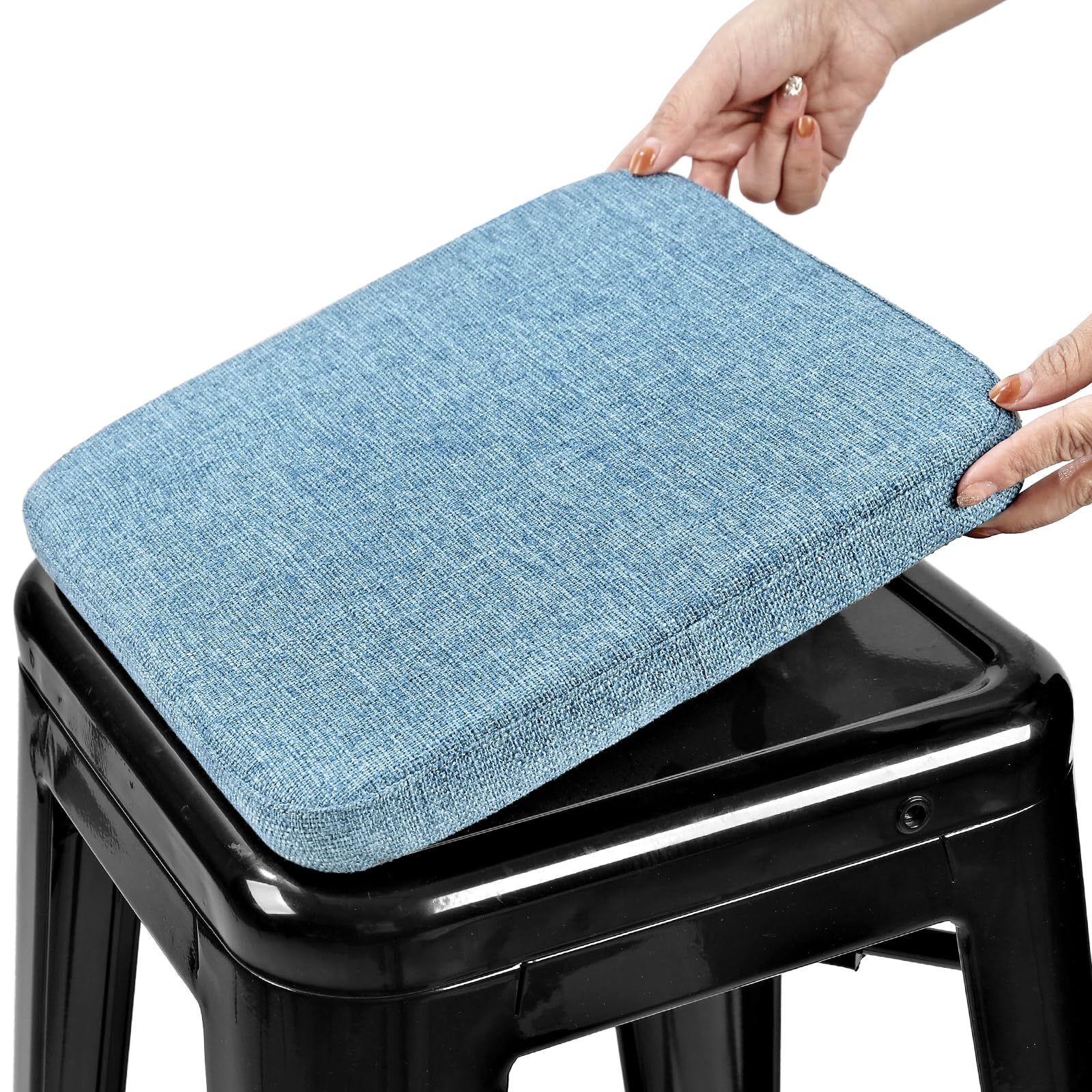 BUYUE Friendly Woven Fabric Magnetic Bar Stool Cushion 1 Piece, Enhanced Anti-Slip Breathable Small Chair Seat Pad for Café Bistro Stackable Metal Stool (Square, Light Blue, 1)