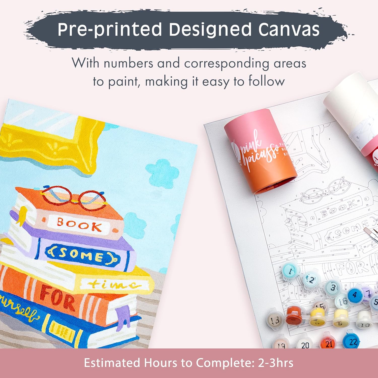 Pink Picasso Kits Self Care Collection Paint by Number for Teens, Tweens, Adults & Beginners | DIY Unique 8x10 Canvas Painting Kit | Color by Numbers Art Paint Canvas | Book Some Time for Yourself