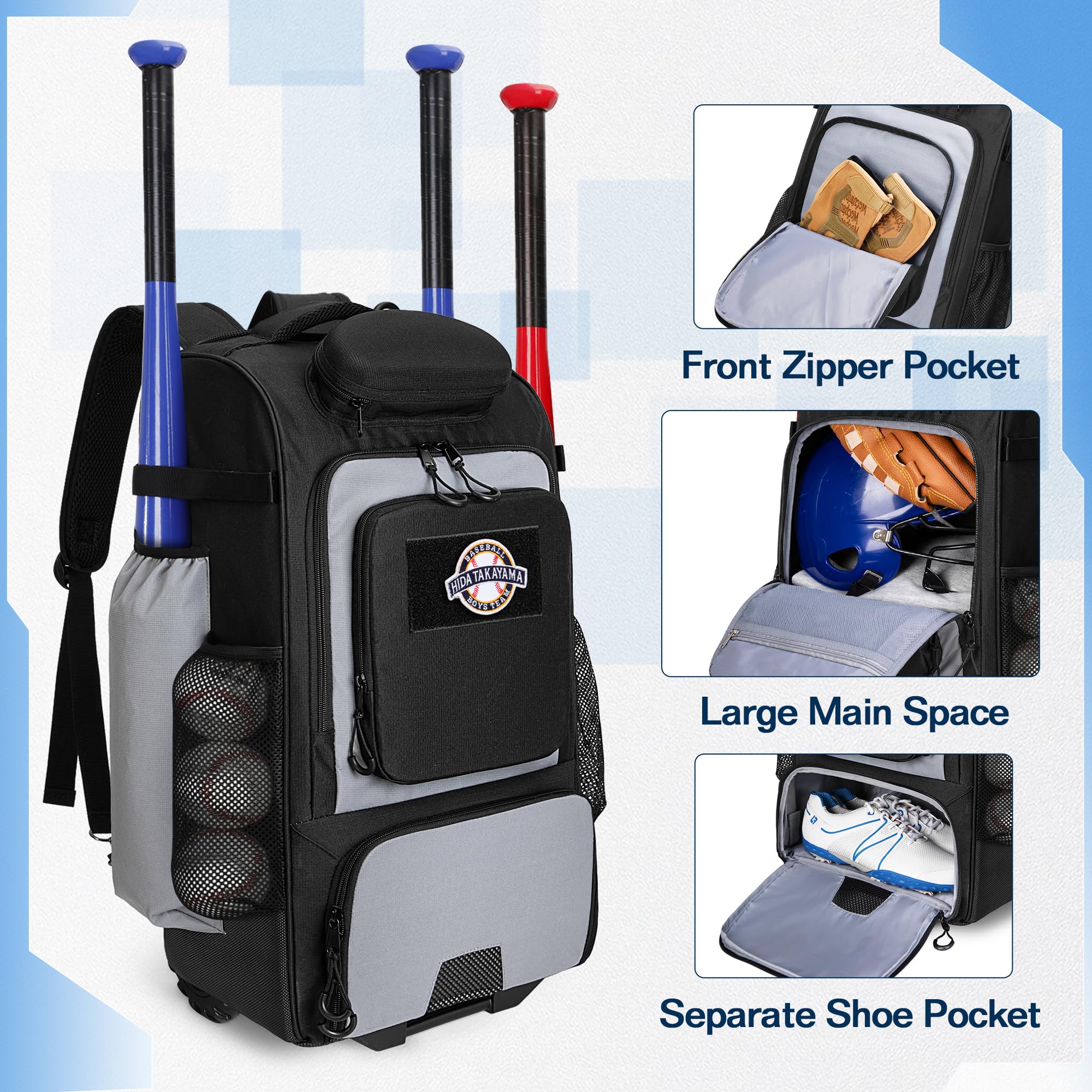 GOBUROS Baseball Rucksack mit Rollen, Softball-Ausrüstungstasche für 4 Schläger, Rollrucksack mit Schuhfach und Mehreren Taschen für Baseball Ausrüstung und Zaunhaken
