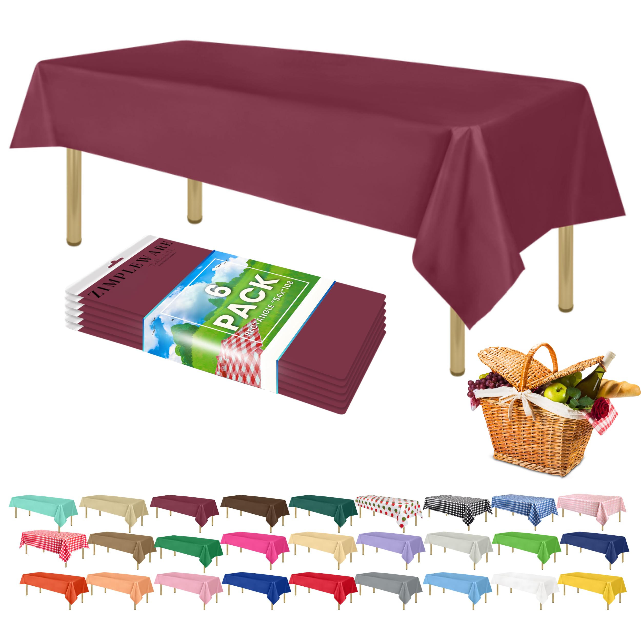 ZIMPLEWARE Premium Berry Plastic Table Cloth Disposable (6 Pk) Plastic Tablecloths for Rectangle Tables (54in x 108in) Party Table Cloths Disposable for 6ft to 8ft Rectangle Tables — image 1