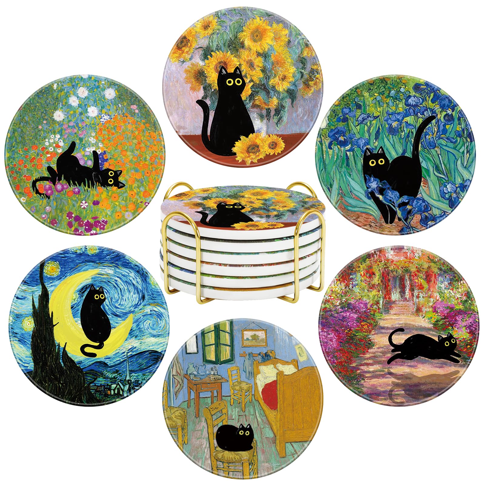 FYSUIMU Untersetzer, Motiv: schwarze Katze, Keramik, niedliche Blume, saugfähig, für Frühling, Zuhause, Küche, Party, Tischdekoration, 6 Stück