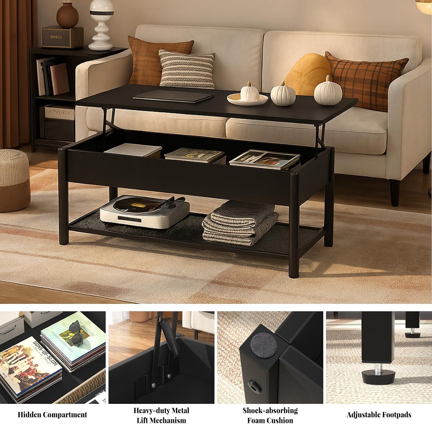Homieasy 41.7" Lift Top Coffee Table for Living Room, Wood Center Table with Hidden Compartment and Storage Shelf, Modern Rising Tabletop Desk for Small Space, Black