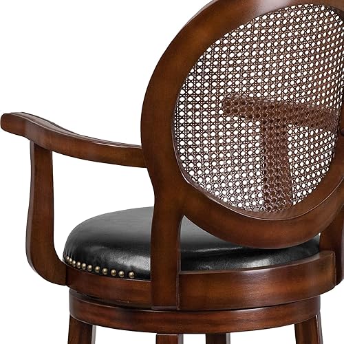 Miniatura 7 de Flash Furniture Victor Taburete de bar de madera Expresso de 30 pulgadas de alto con brazos, respaldo de ratán tejido y asiento giratorio