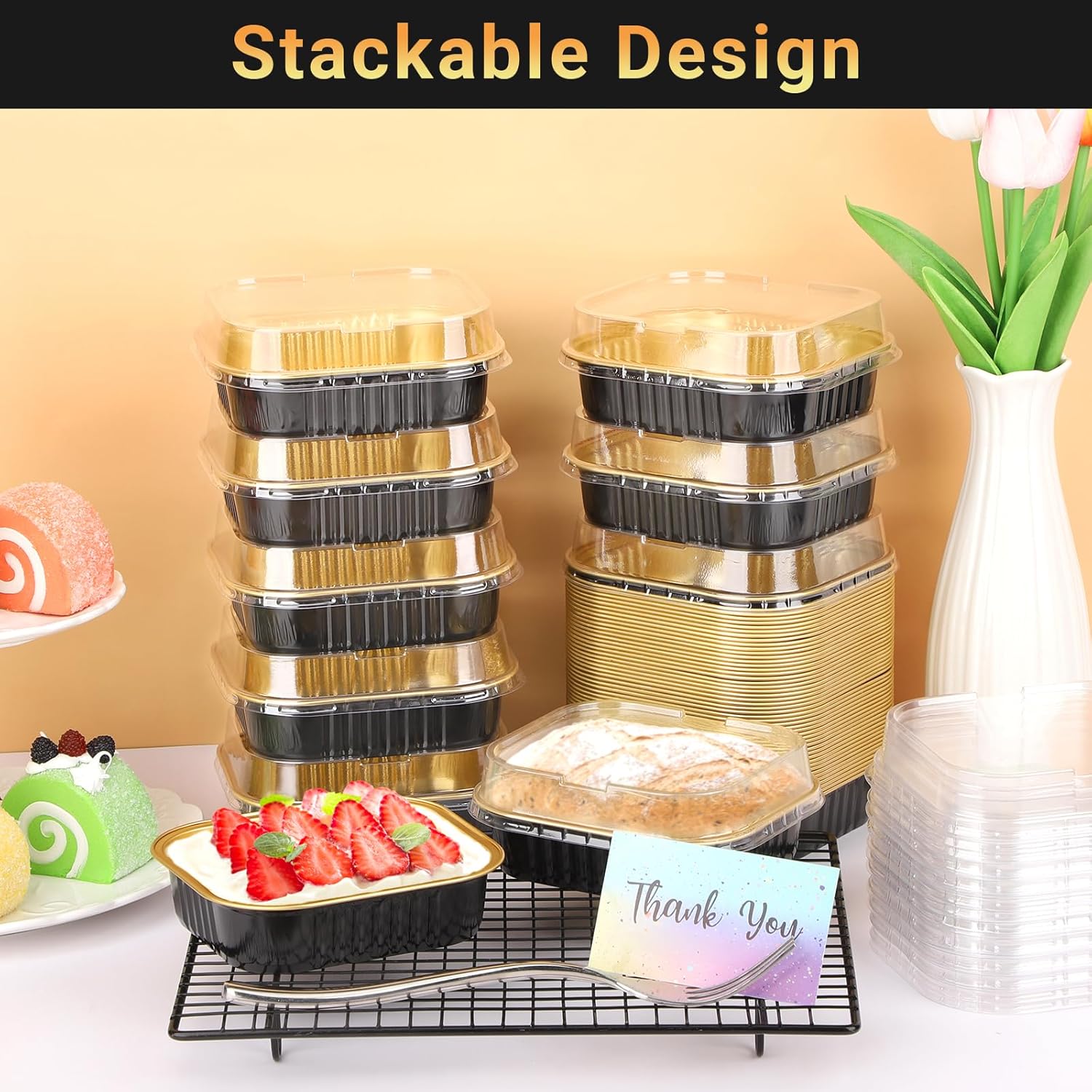 Beasea Aluminum Foil Ramekin Cups With Lids, 100 Pack 8.5oz 250ml 4 Inch Mini Disposable Square Foil Ramekins Aluminum Oven Baking Brownie Cupcake Cup Tins for Party - Black Gold