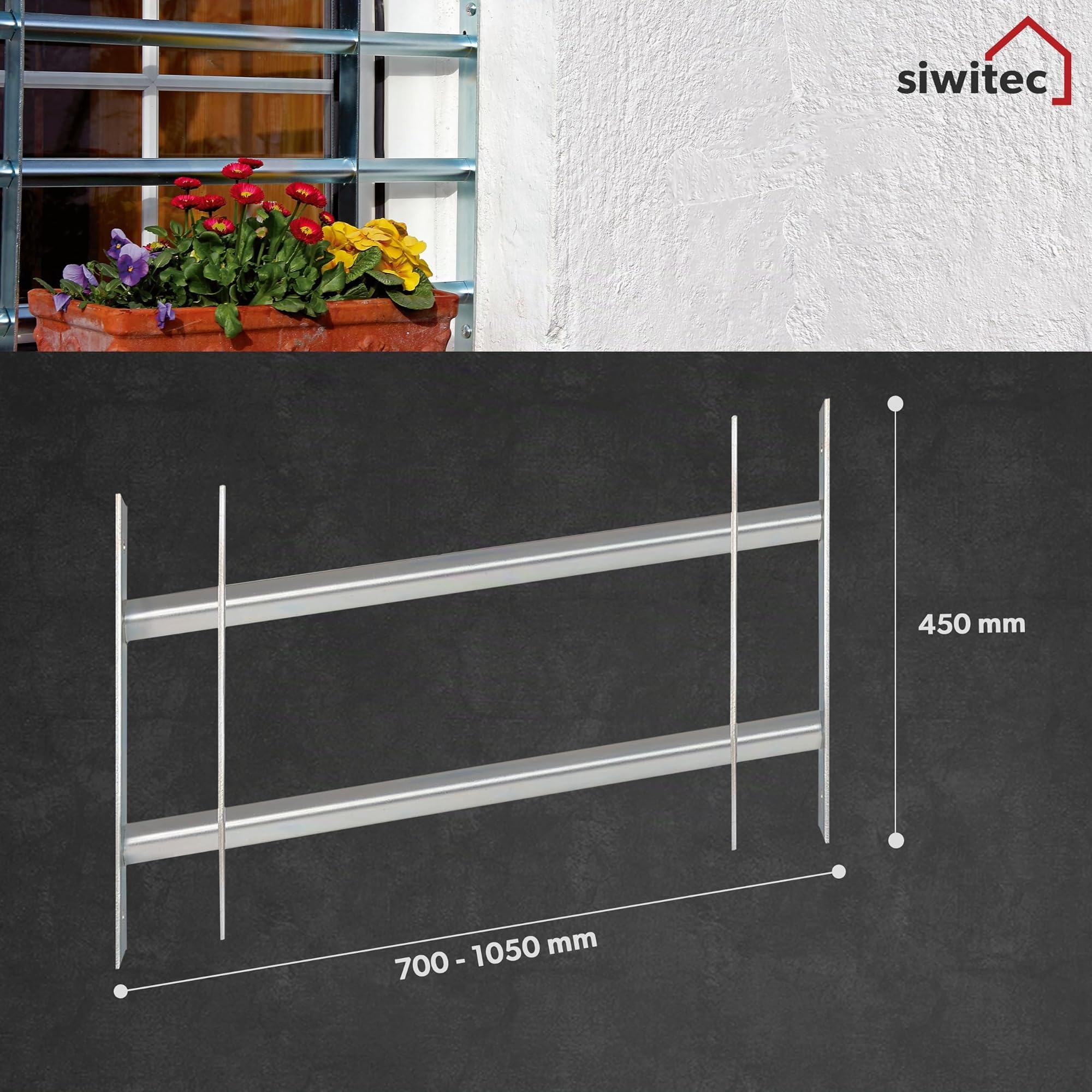siwitec Fenstergitter inkl. Montagezubehör | Stahl roh | Einbruchschutz | Gitter | Kellerfenstersicherung | ausziehbare Fenstersicherung | 700-1050 x 450 mm