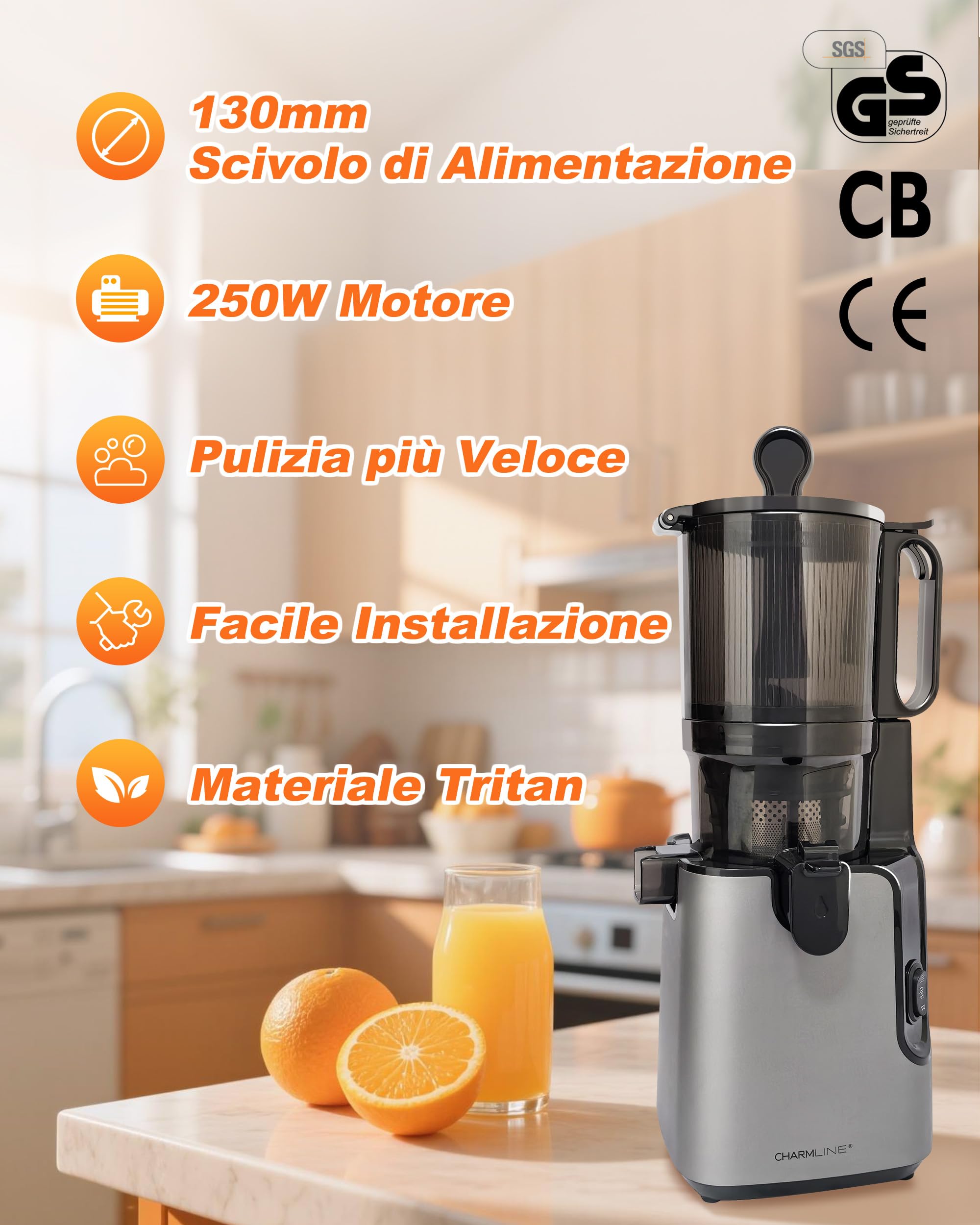 Charmline Estrattore Frutta e Verdura a Freddo, Bocca Larga 130mm, Facile da Pulire, 1,8L Capacità, Slow Juicer Elettrico per Succhi di Frutta e Verdura