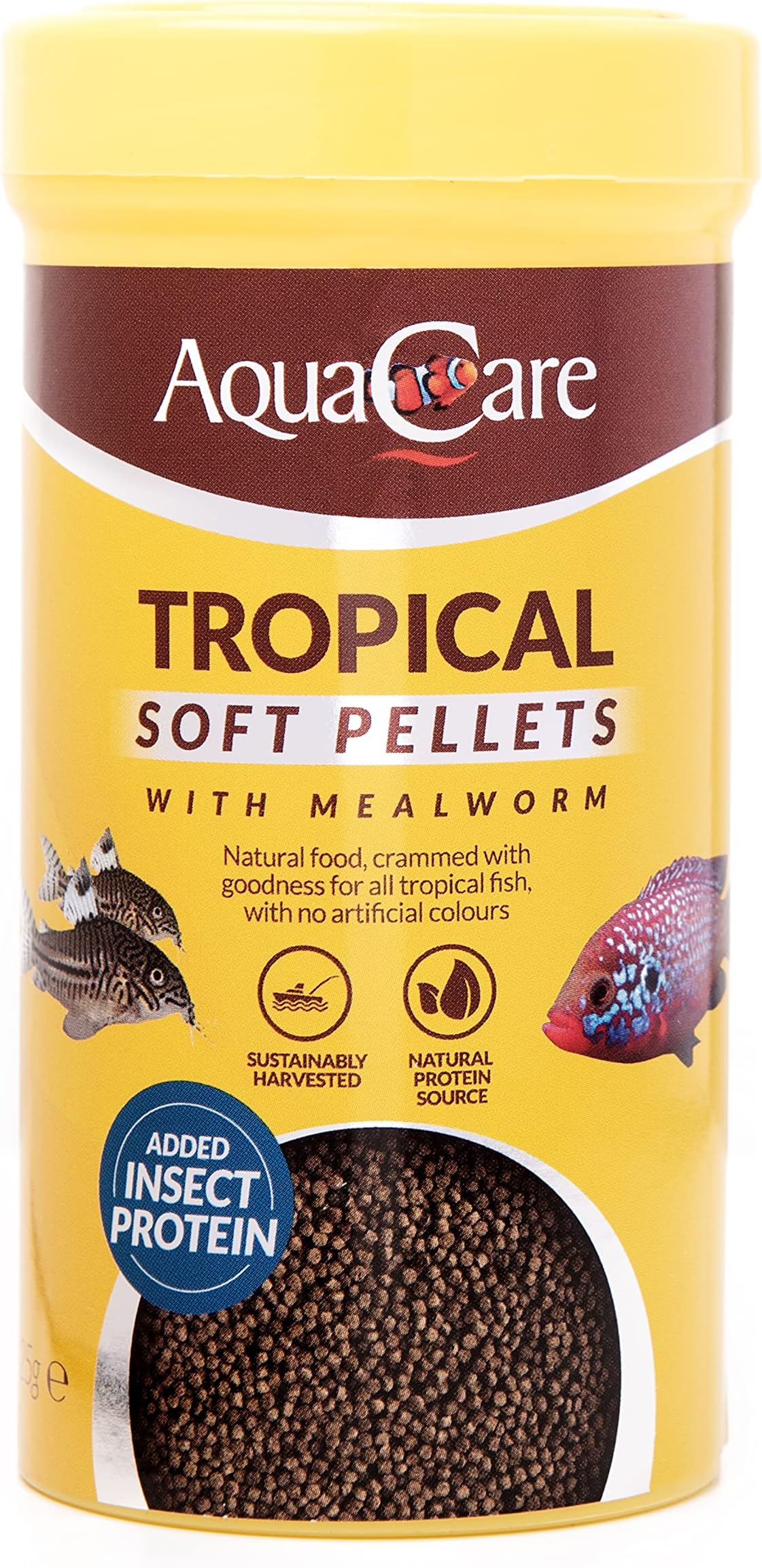 AquaCare Tropical Fish Food Pellets Complete and Varied Food for All Tropical Fish with Mealworm (125g)