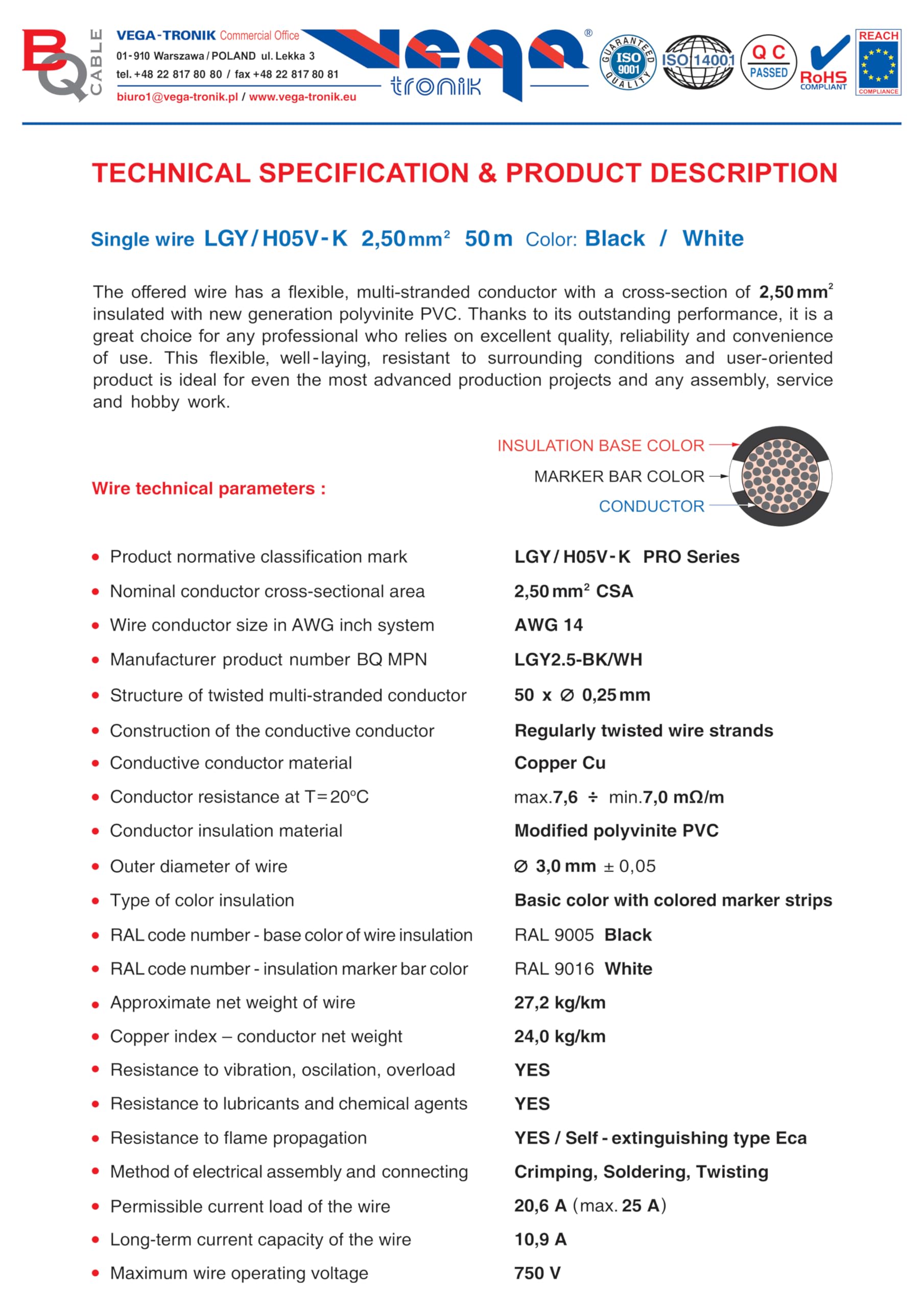 Cavo singolo LGY/H05V-K 2,50 mm2 50 m Colore: nero/bianco