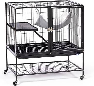 Prevue Pet Products Ferret Stack One Story Ferret Home - Portable Stand, Escape Proof Lock, Includes Hammock & Ramp, Expandable Add-On Cage Stacking System with Wheels - Black