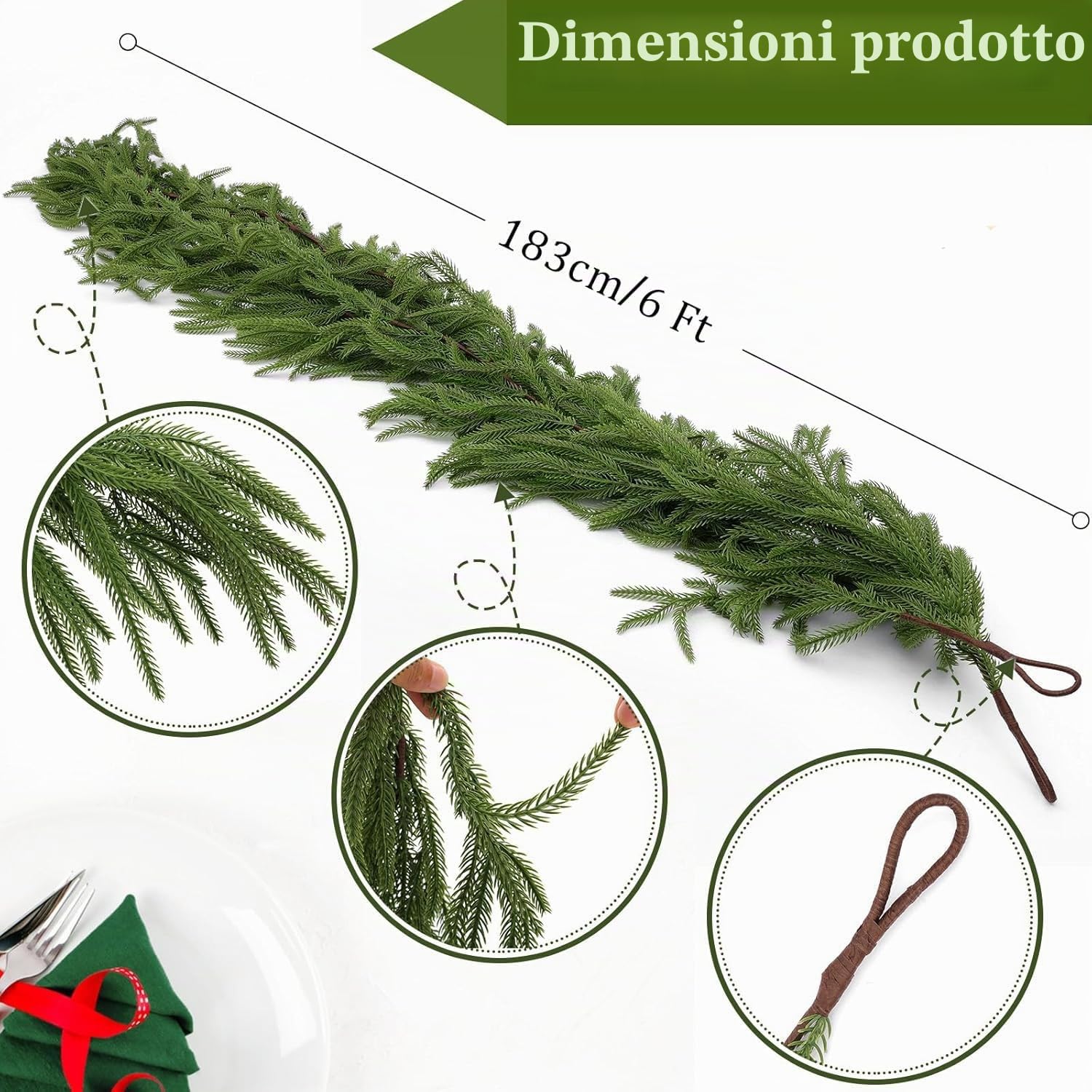 Laelfe 183 cm Ghirlanda Pino Norfolk Natalizia Artificiale, PE Ghirlande Natalizie Rami di Abete Piante Verdi Finte, Decorazione Natalizia per Esterno ed Interni Camino Scale Porta (1 Pezzi)