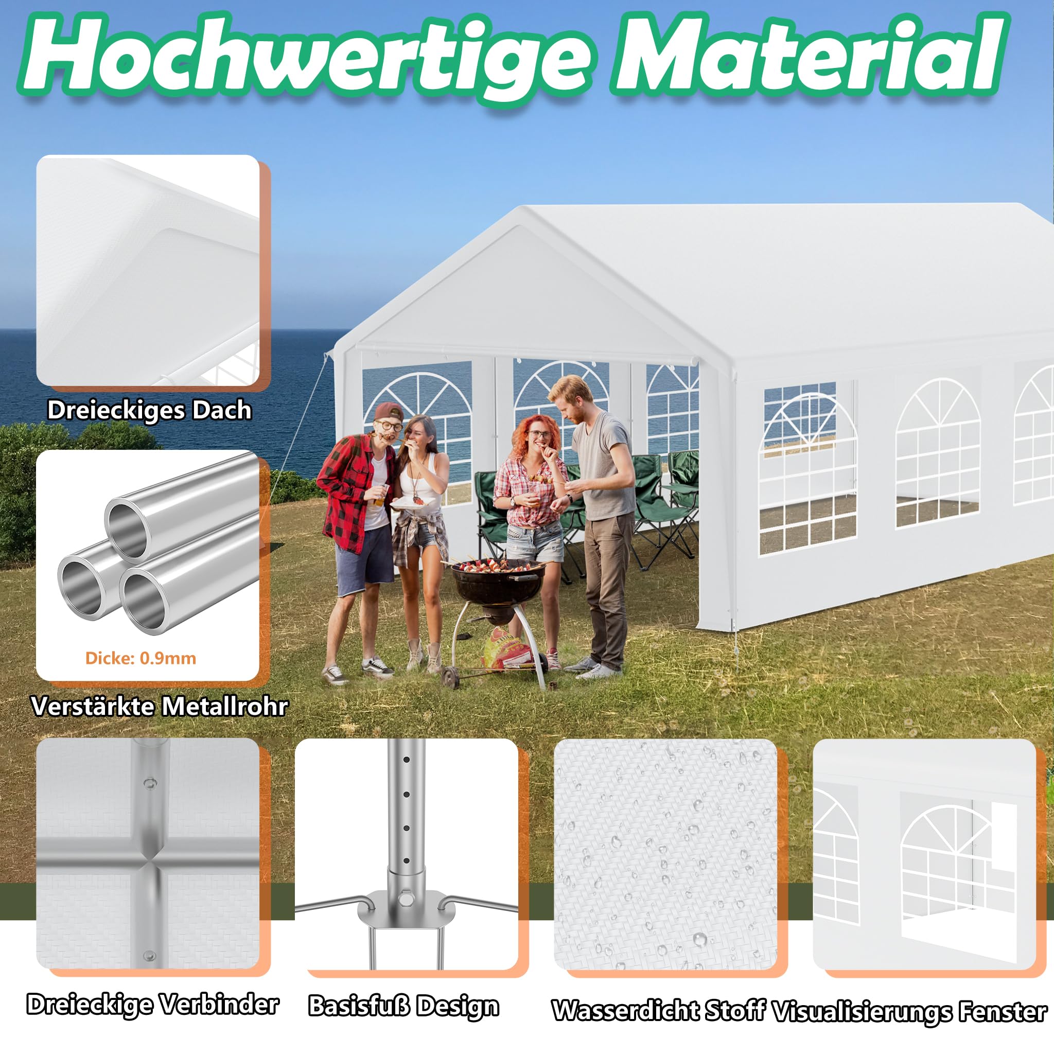 YRHome Namiot imprezowy premium 4 x 8 m z częściami bocznymi, wodoszczelny, stabilny, odporny na warunki zimowe, okna w ścianach bocznych, namiot ogrodowy, duży namiot, namiot kompaktowy, zadaszenie z
