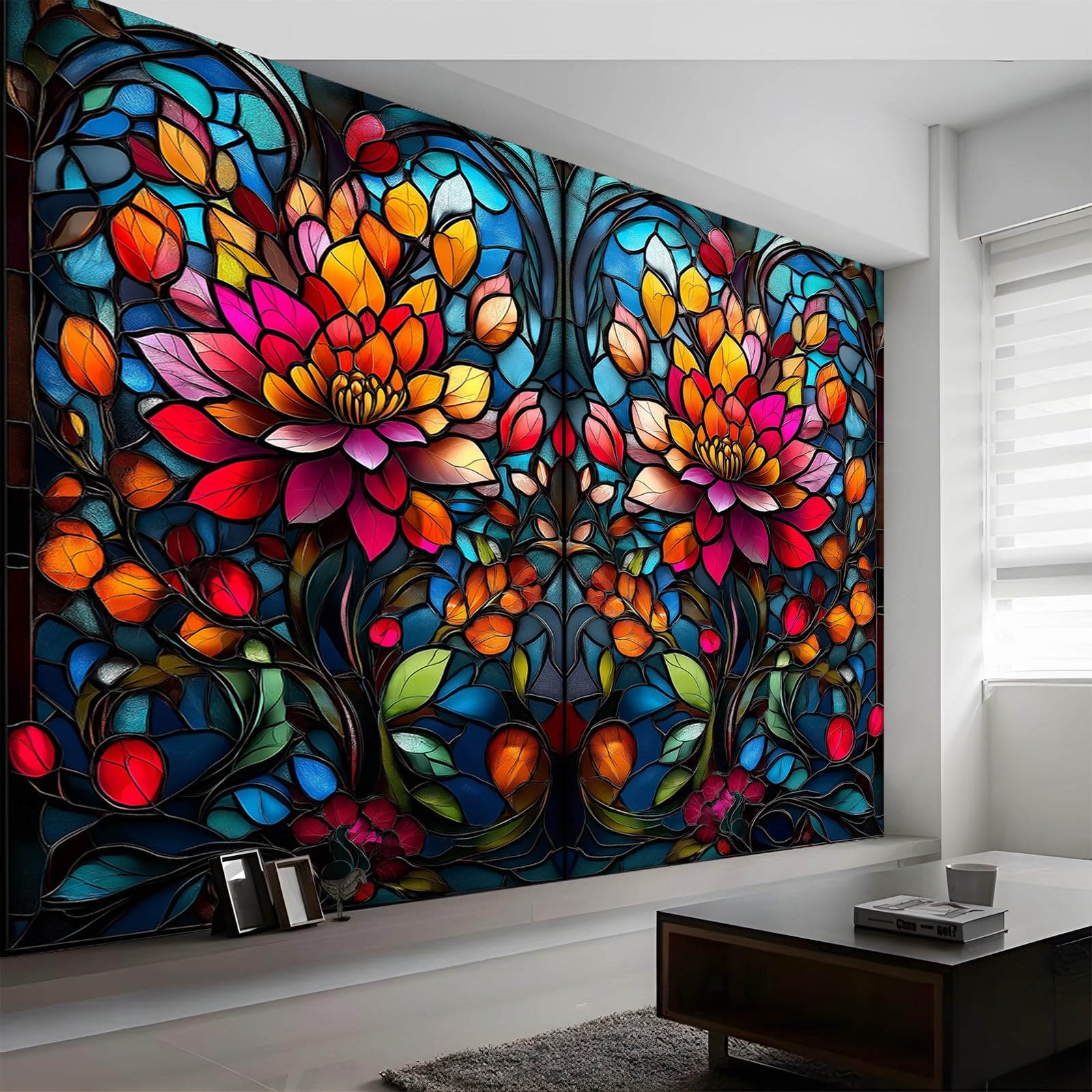 Panoramiczna tapeta witraż kwiaty kolor czarny 300 x 210 cm (szer. x wys.), panoramiczna gigantyczna tapeta 3D salon sypialnia jadalnia pokój dziecięcy dekoracje ścienne z włókniny
