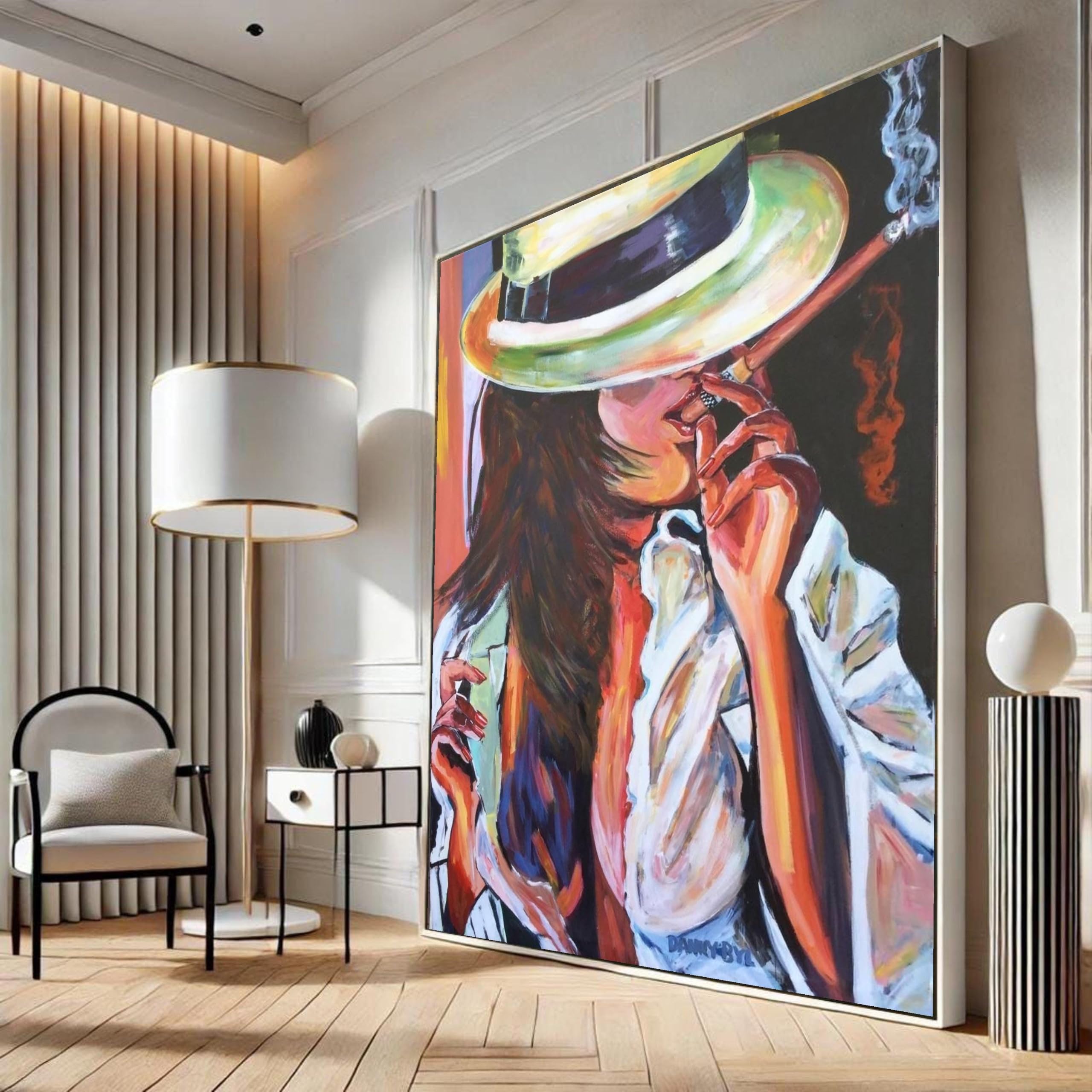 XUEQINART Woman Smoking Cigar Wall Pictures, Figurative Art, Hat Wall Decor Colorful Painting Contemporary Canvas Wall Art Posters(40x60cm/Frameless)