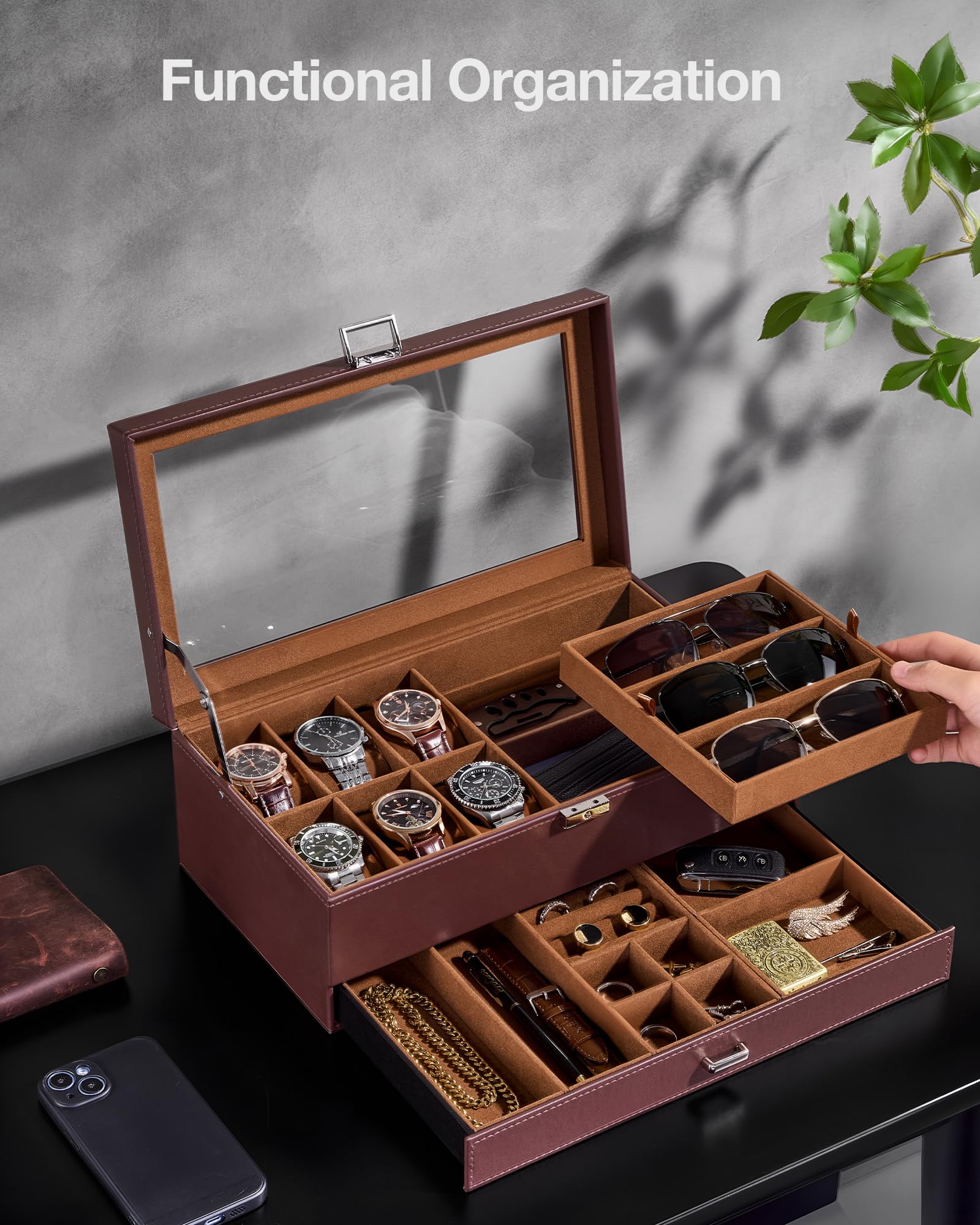 ProCase Boîte de Rangement Montres et Lunettes, Coffret 6 Montres et 3 Paires de Lunette de Soleil, Couvercle Transparent avec Serrure, Avec Tiroir pour Bijoux et Accessoires -Marron