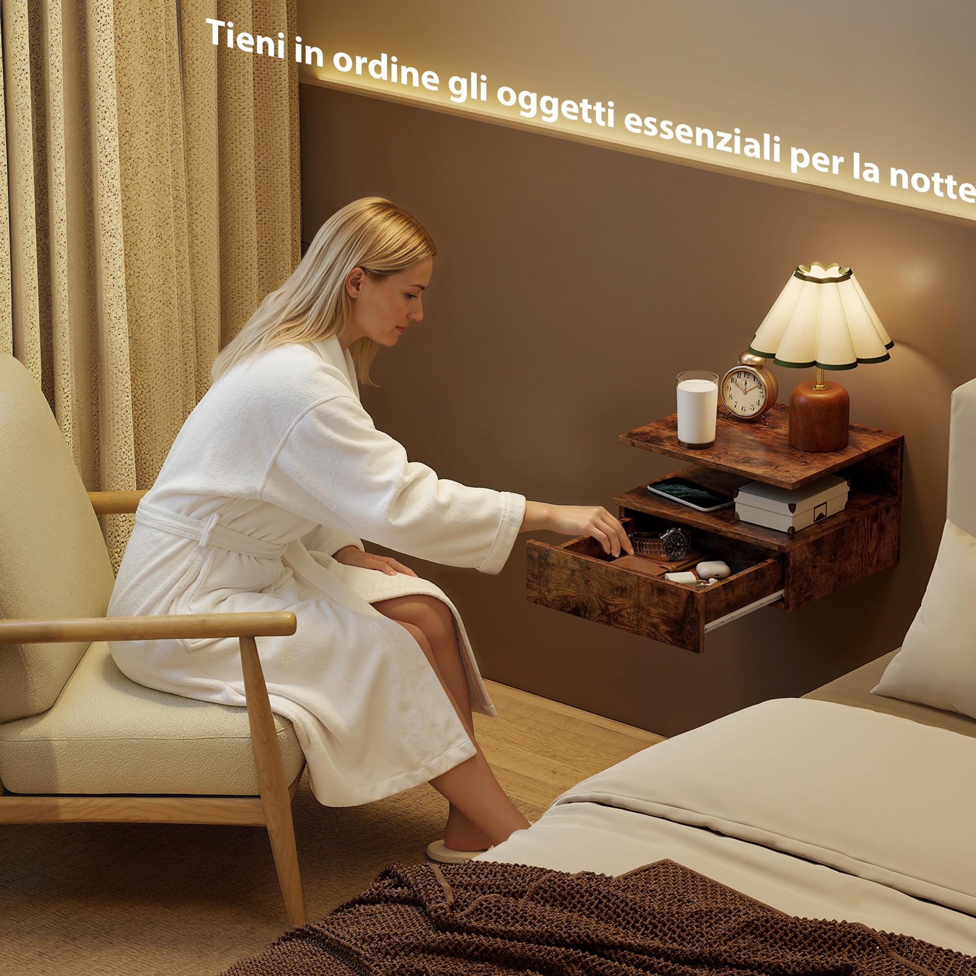 HOMCOM Set di 2 Comodini Camera da Letto Sospesi con Cassetto e Scomparto Aperto, Coppia di Comodini Moderno in Legno, Tavolini per Divano, Soggiorno, Salotto e Camera, 35x32x22.5 cm, Marrone Rustico