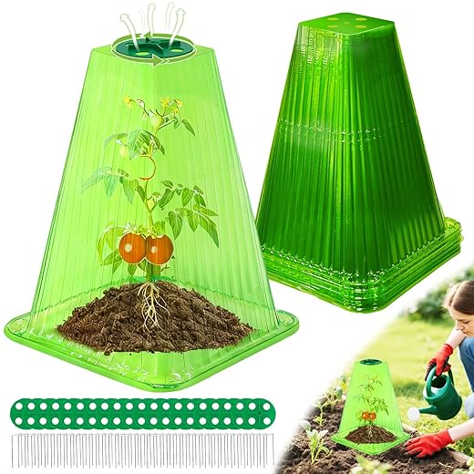 20 Pack Garden Cloches for Plants,9.4" H X 7.8" D Reusable Bell Plant Protector with 40 Ground Stakes and Rotary Vent Cover,Plant Covers Freeze Protection from Animals Snails Birds Chickens (Green)