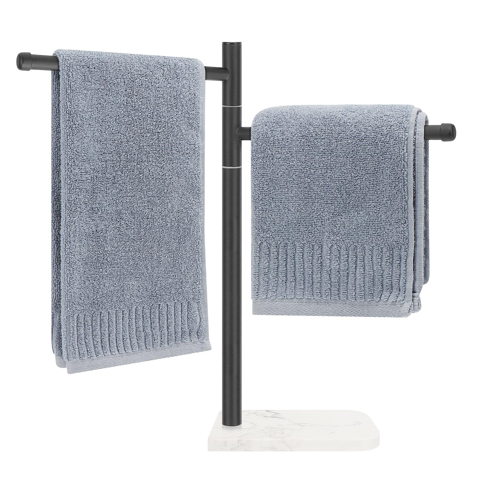 Standing Hand Towel Holder, Hand Towel Stand with Marble Base, 304 Stainless Steel Towel Rack with 2 Swivel Arm, Countertop Stand Towel Ring Towel Bar for Bathroom (Matte Black,Round)