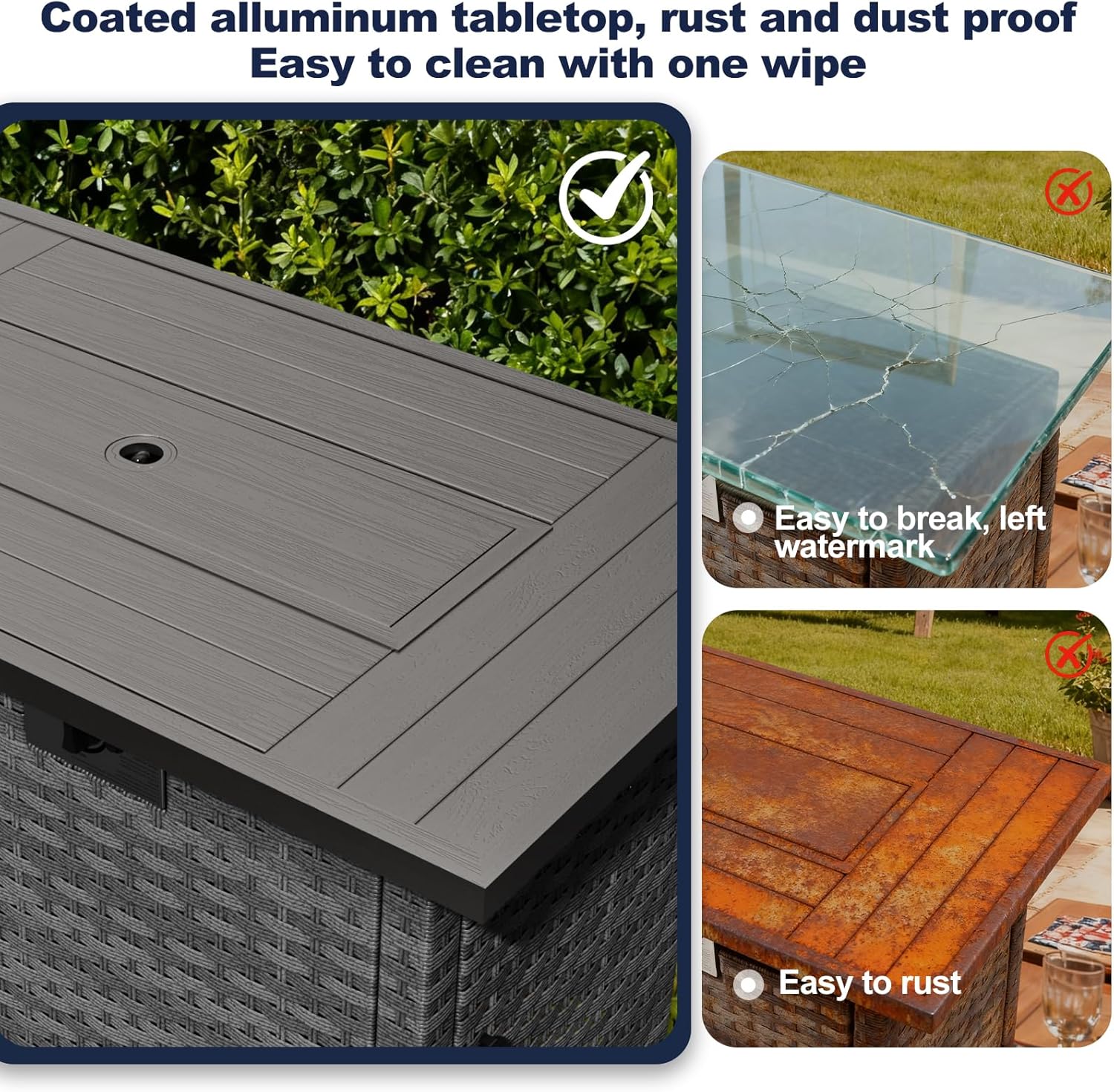 ABCASA Rectangular Propane Fire Pit Table Outdoor, CSA Certified 44" 60000BTU Heat Output Auto-Ignition Fire Pits Table with Wind Guard Weather-Resistant Wicker Fire Table for Porch Garden Grey