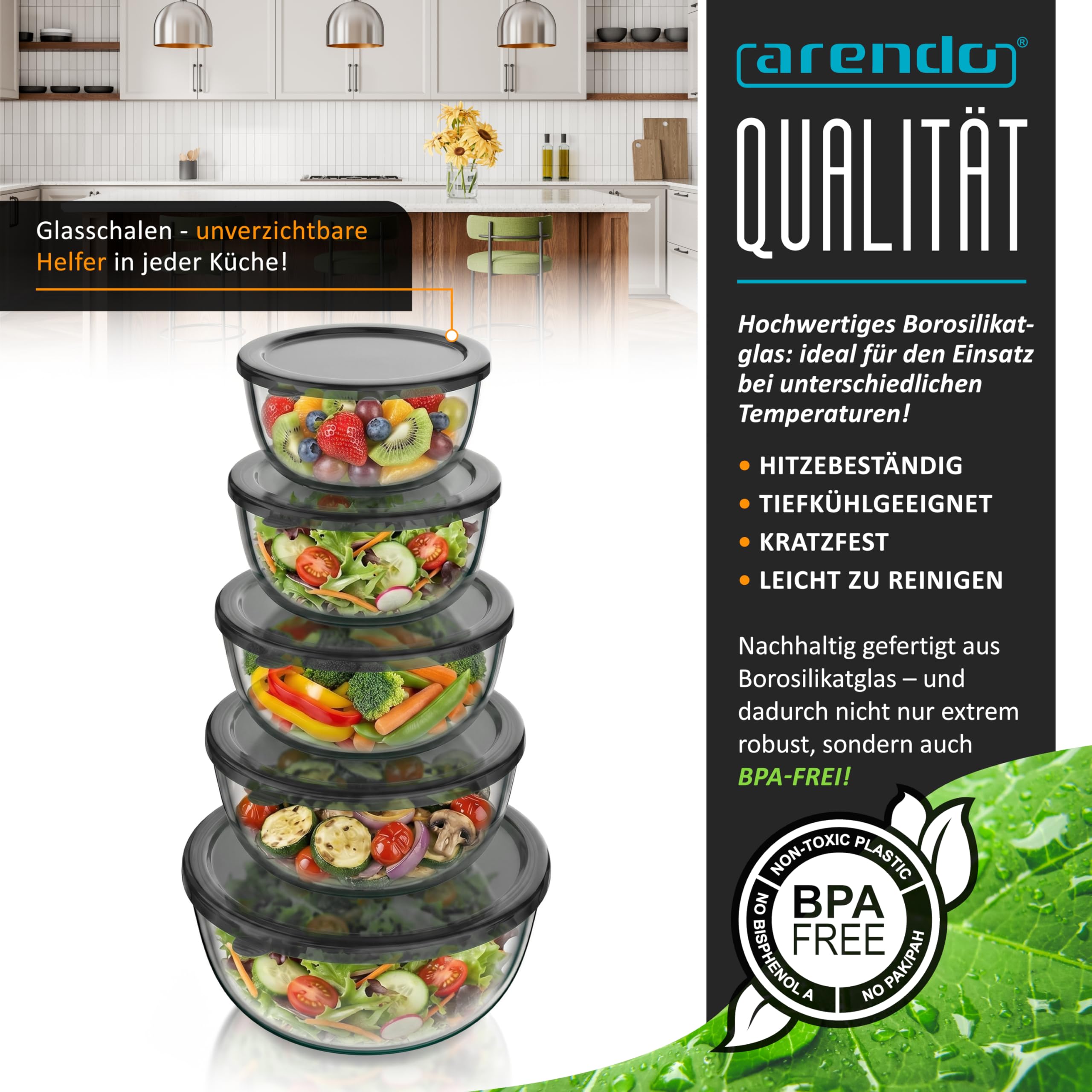 Arendo - Salatschüssel aus Glas mit Deckel - Glasschüssel 5er Set - 1000ml + 1500ml + 2000ml + 2700ml + 4400ml – Rührschüsseln klein bis groß – Borosilikatglas - Glasschale Salatglasschale