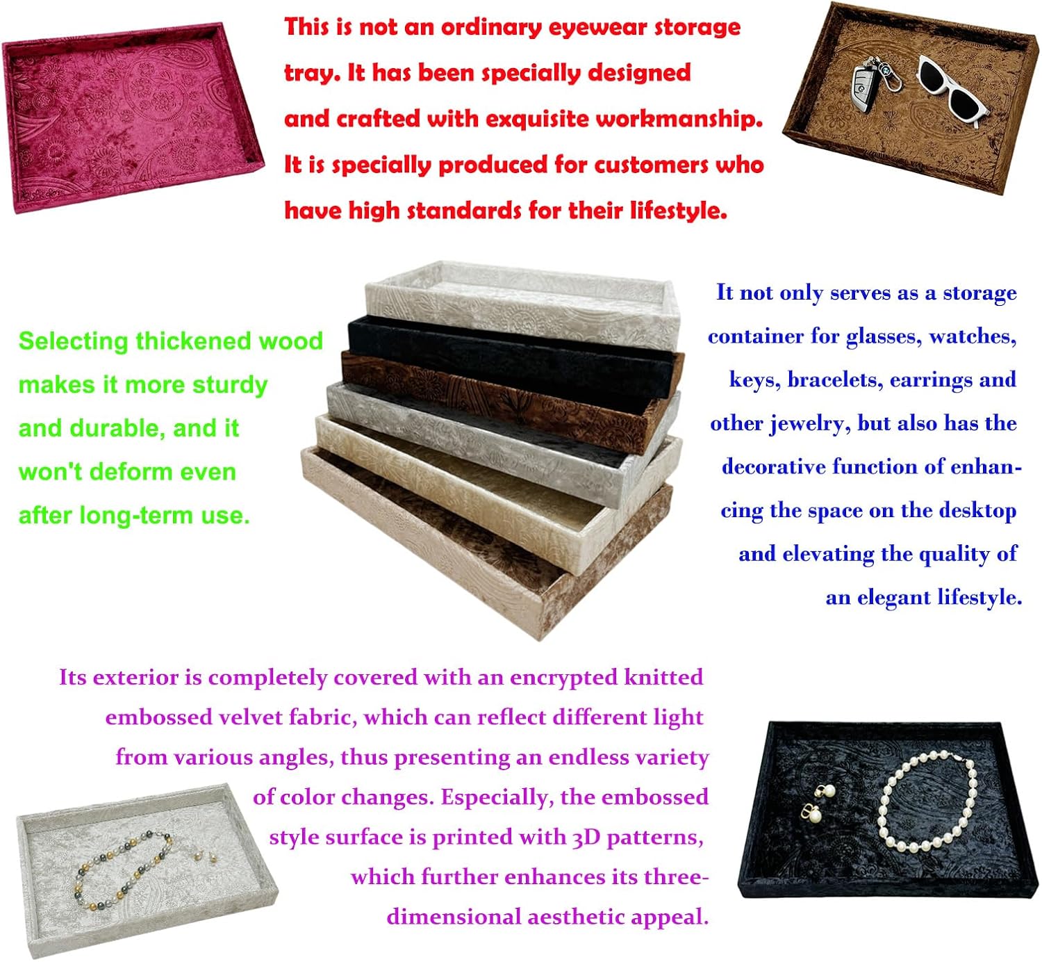AgentMoon 2 Pieces Set Decorative Jewelry Tray,Makeup Removed Tray or Storage Tray for Eyeglasses Phone Watch Bracelet Earring.Special Velour Lining Fully Wrapped. (2PCS) (Embossed Coffee Gold)
