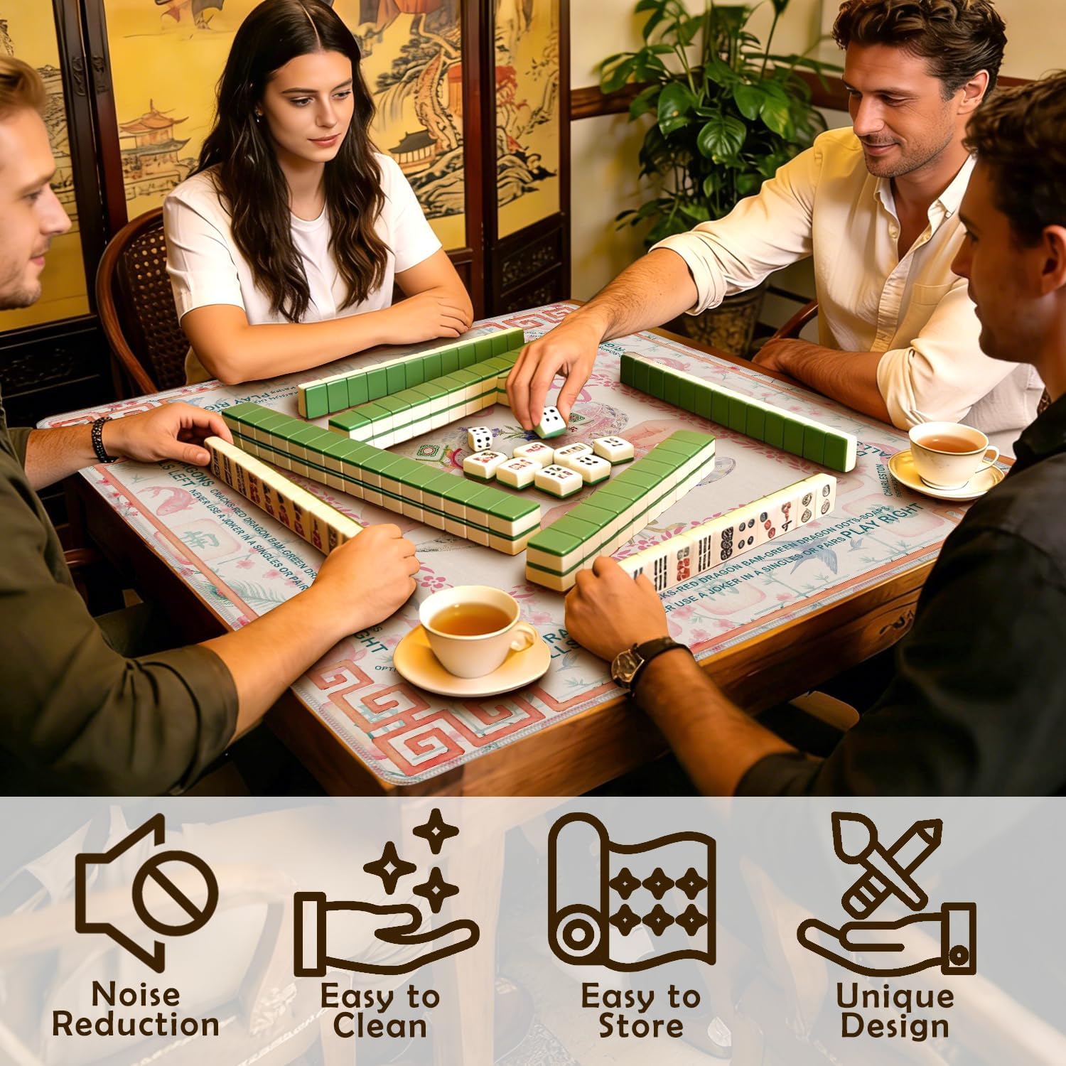 Cocktail Chinoiserie Mahjong Mat 31.5 x 31.5 in,Blue and Pink Oriental Chinese Non-Slip Noise Reduction Gaming Mat for Table American Mahjong Poker Board Games Card Games Dominoes