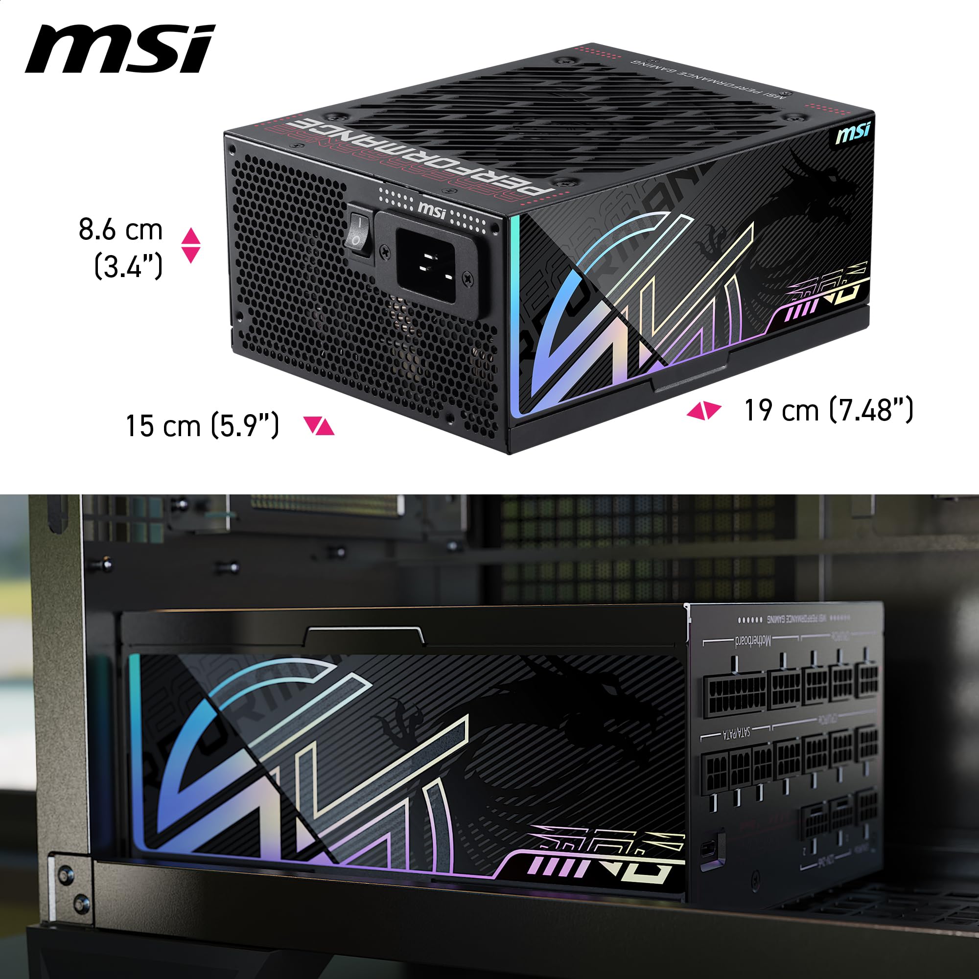 MSI MPG Ai1300TS PCIE5, Alimentation de Jeu entièrement modulaire 1300 W, 80 + Titane, Double câbles 12 V-2 x 6, GPU Safeguard+, MOSFET SiC, sécurité du Ventilateur, ATX 3.1 et PCIe 5.1, Garantie 12