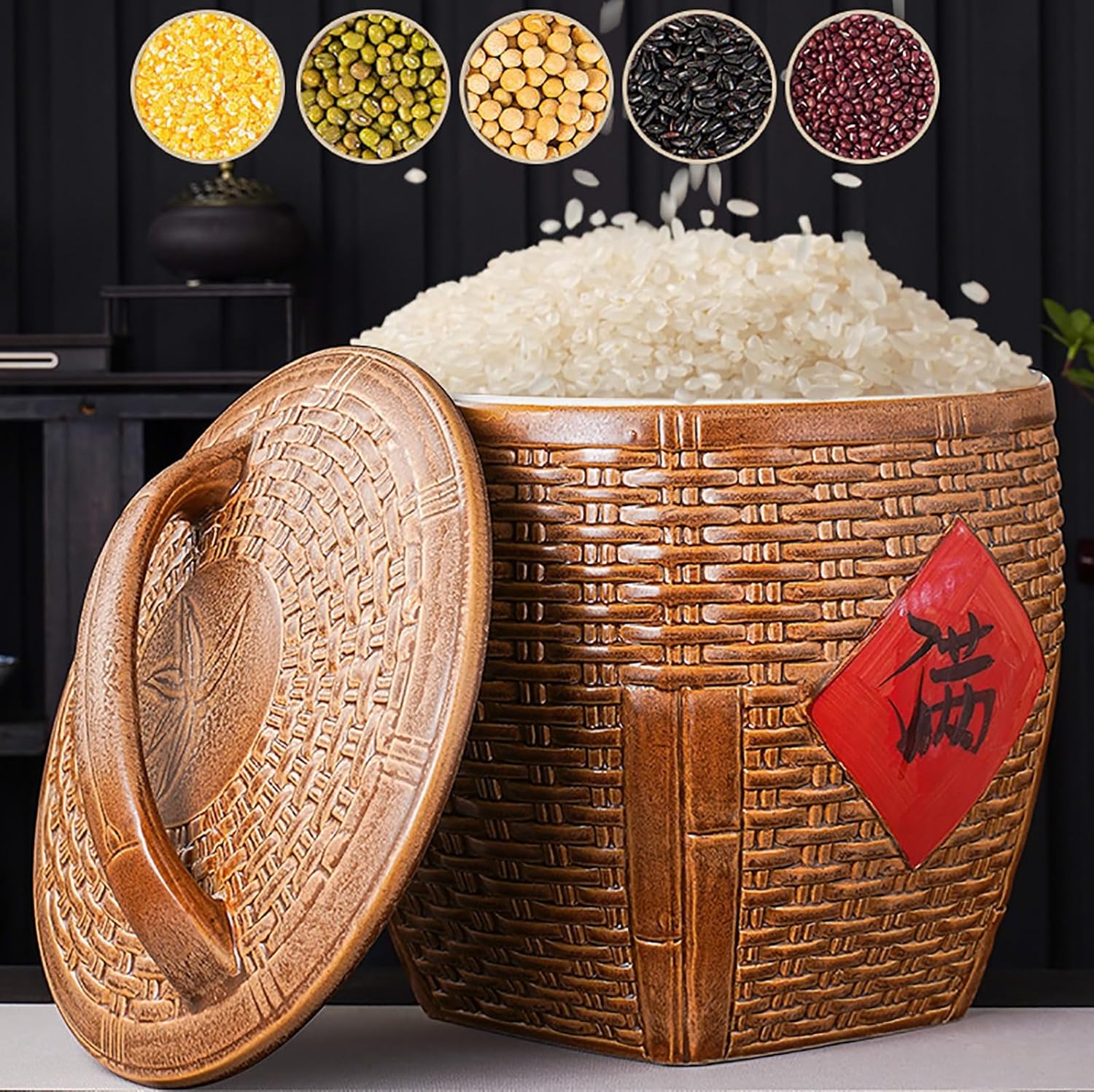 Rice Bucket Rice Jar Chinese Organization Dispenser Ceramic Container with Lids Ceramic Large Capacity Flour Dispenser Ceramic Kitchen Grain Tank Ceramic Wheat Bucket for Tea COF