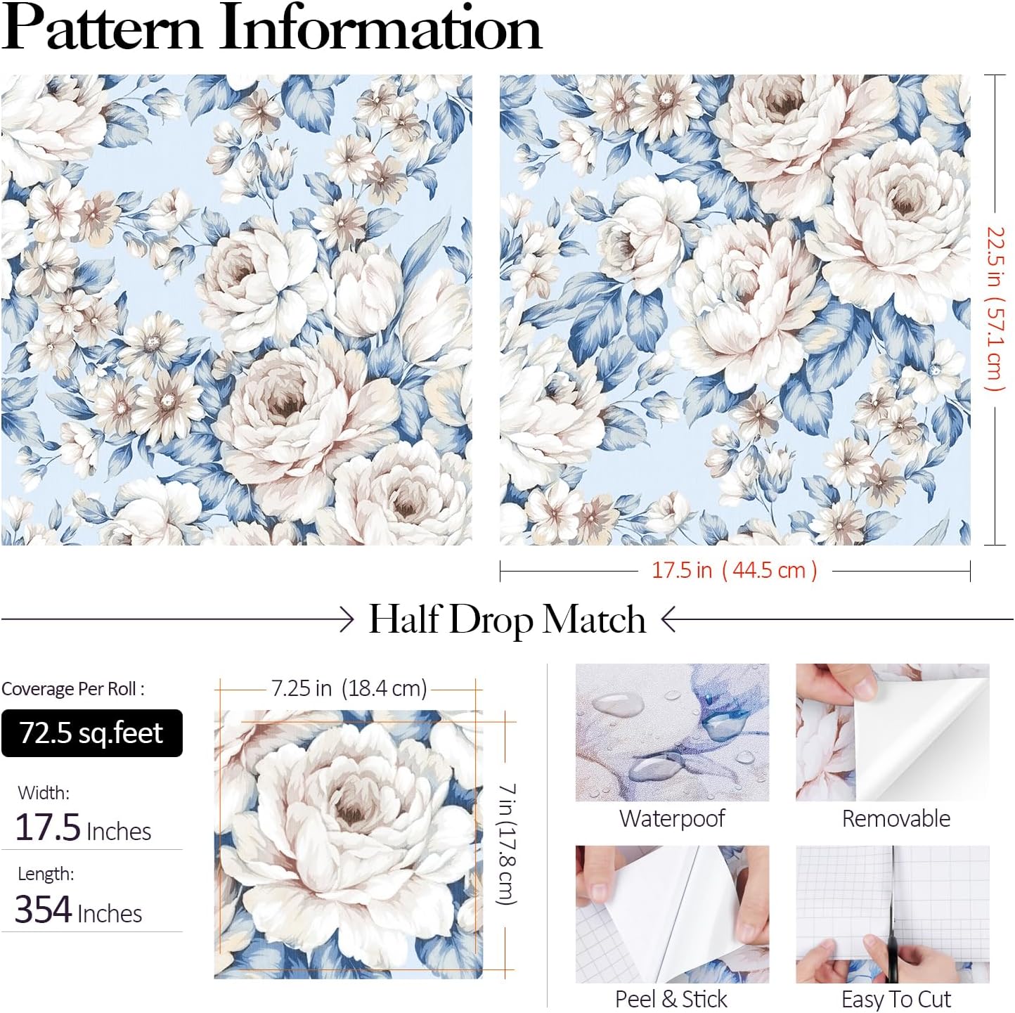 FunStick 17.5"x590" Vintage Floral Peel and Stick Wallpaper Peony Blue and White Wallpaper Floral Blue Contact Paper Peel and Stick Removable Wallpaper for Room Accent Wall Cabinets Drawers Vinyl Roll